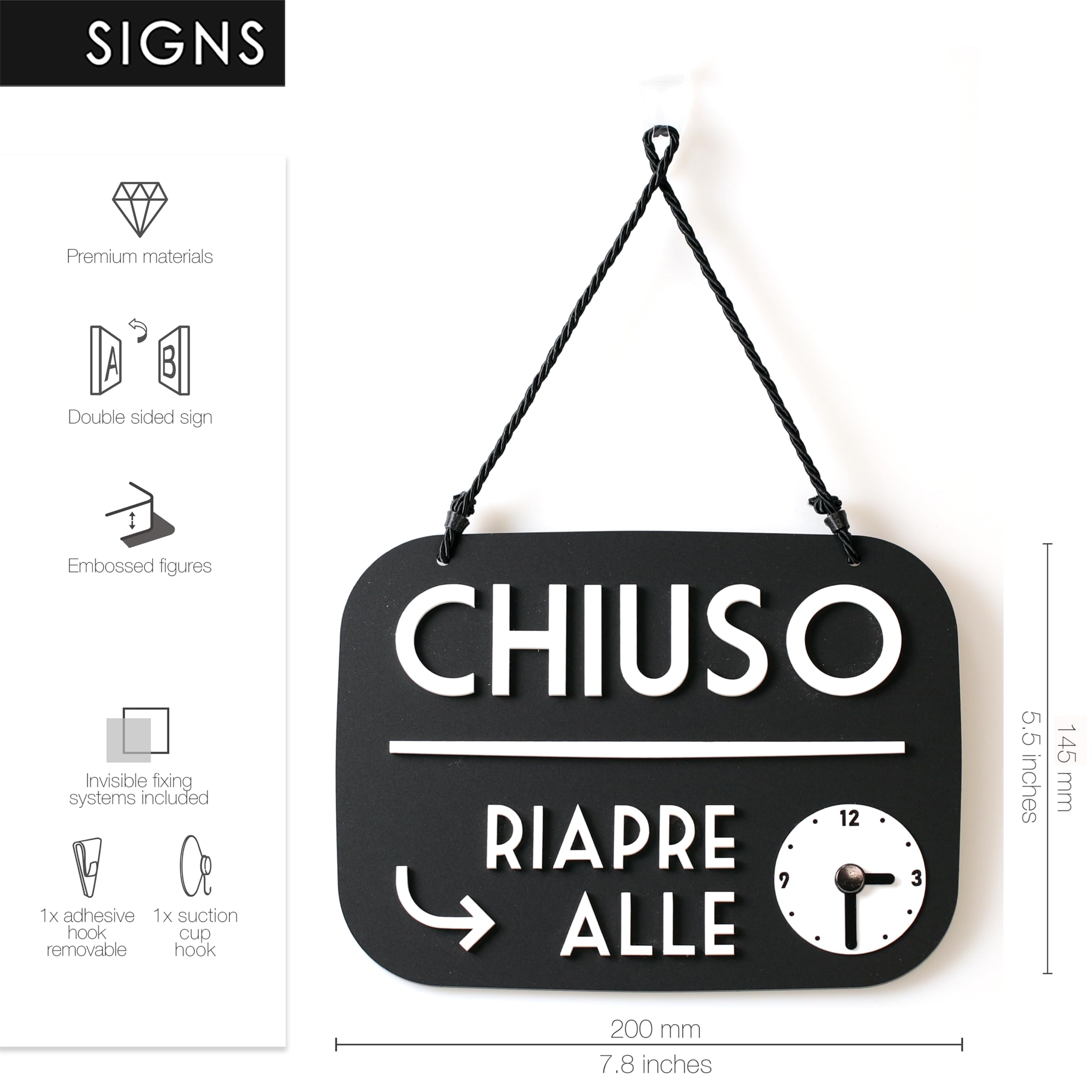 Cartello Aperto/Chiuso In PMMA CRYLUX COLATO – 17,5x6,5 Cm Con Catena E Ventosa, Made In Italy