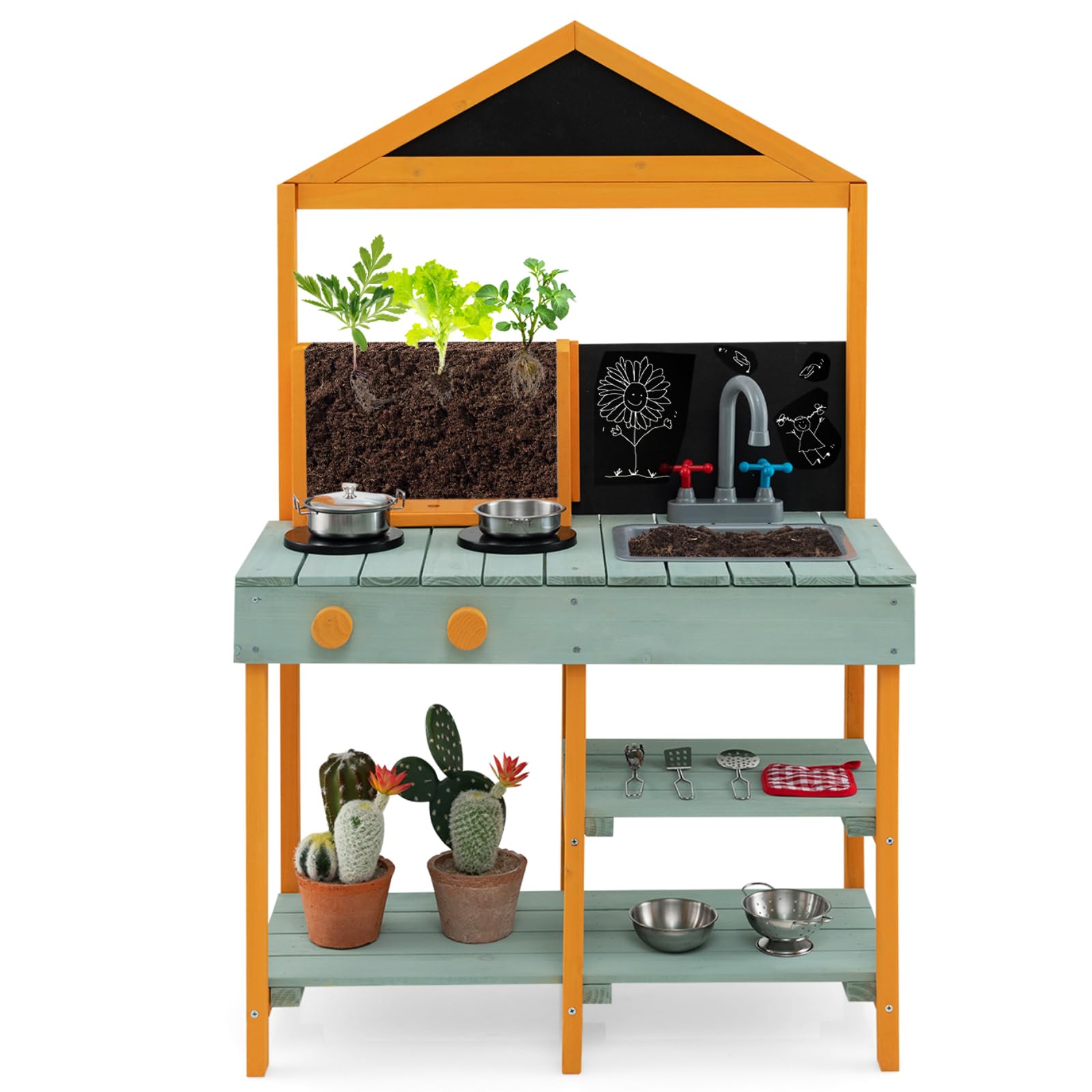 Maxmass Kids Mud Kitchen, Outdoor Wooden Children Play Kitchens with See-Through Planter Box, 2 Chalkboard, Sink, Faucet, Garden Toddler Toy Kitchen Cooking Playset for 3+ Years Old (Green+Yellow) โ image 1