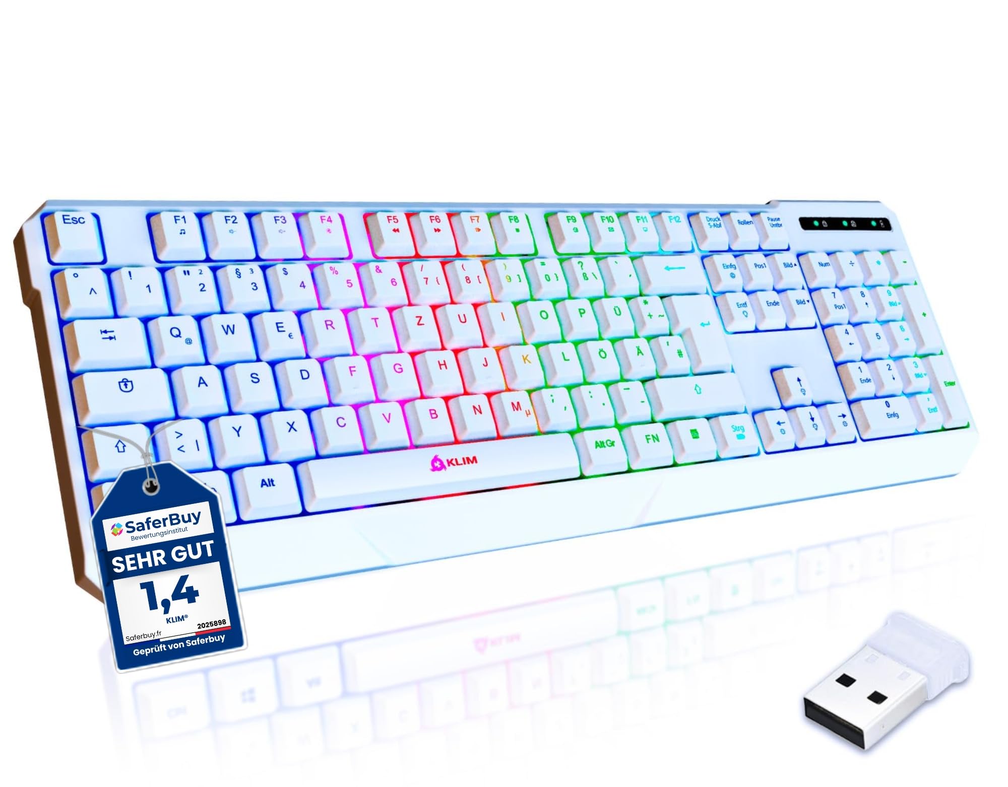 KLIM Chroma - Tastiera da gaming senza fili QWERTZ tedesco + durevole, ergonomica, impermeabile, silenziosa + tastiera RGB senza fili per PC PS4 Mac + nuova versione 2024 + bianco