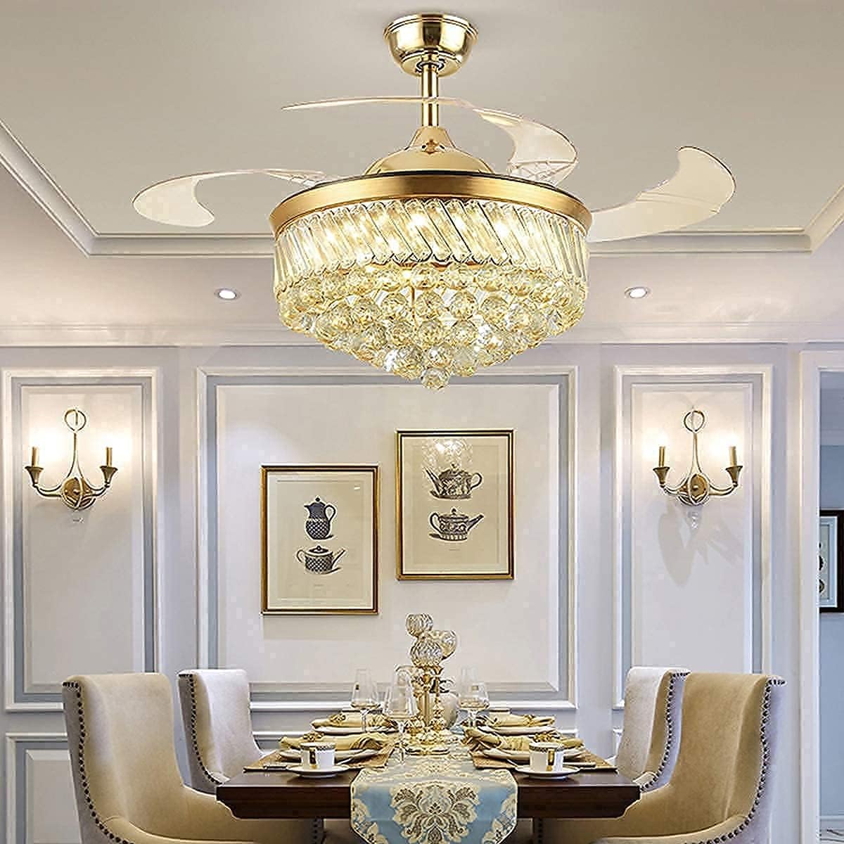 Exclusive Discount 50% Price FANSAN 36 Crystal Ceiling Fan with Light and Remote, 3 Speeds 3 Color Dimmable, Retractable Blade, Silent Motor, Modern Crystal Chandelier Fan for Livingroom Bedroom Dining Room