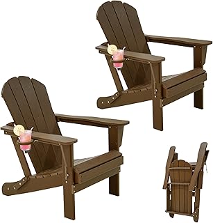 Domi Folding Adirondack Chairs Set of 2, HDPE Adirondack Chair with Cup Holder, Wooden Textured Fire Pit Chairs for Patio Backyard Lawn, Brown