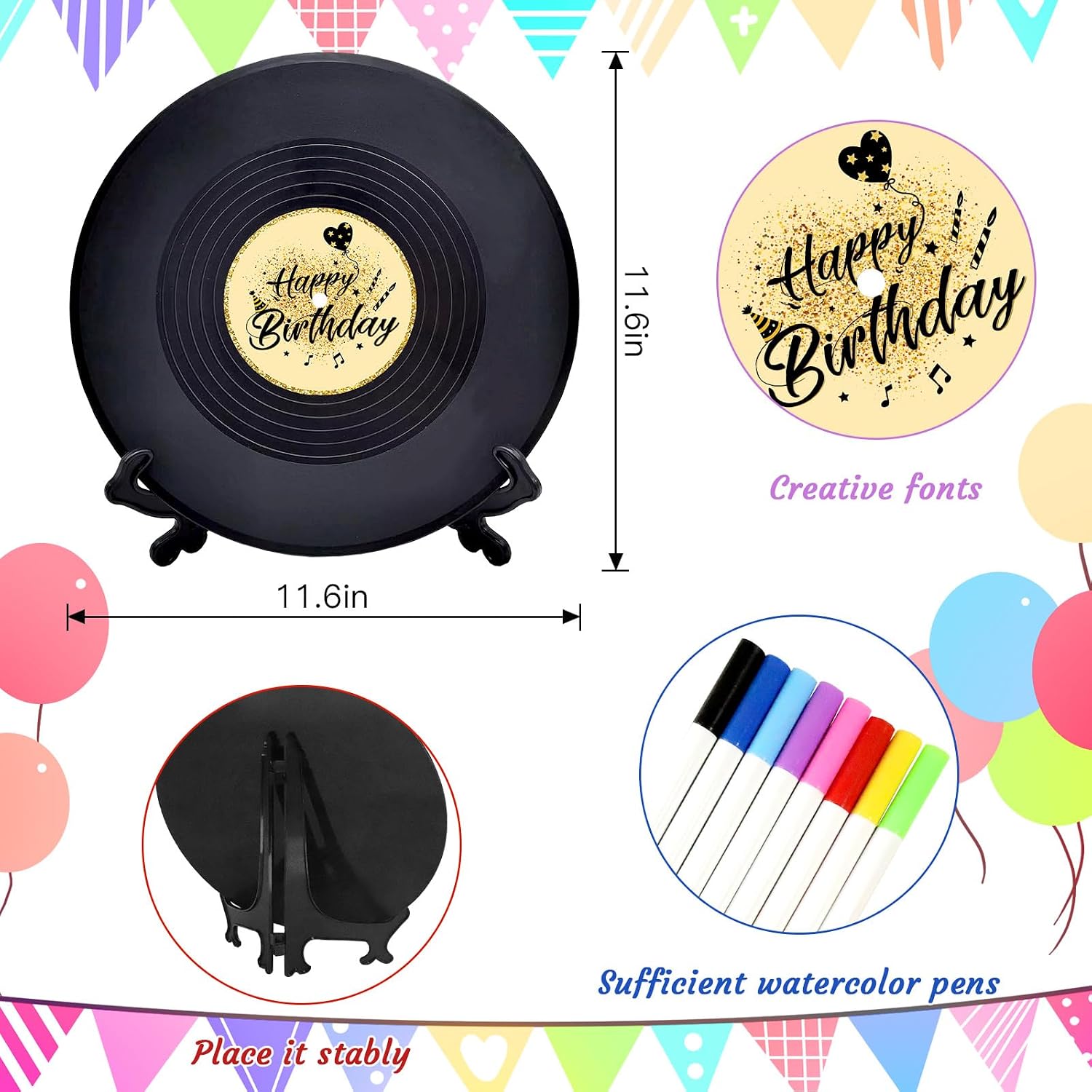 DIY Vinyl Record Birthday Party Decorations with 8 Pens 11.8" x 11.8" Guest Book for Party Music Themed Party Decorations Funny Birthday Gift and Keepsake (Classic)