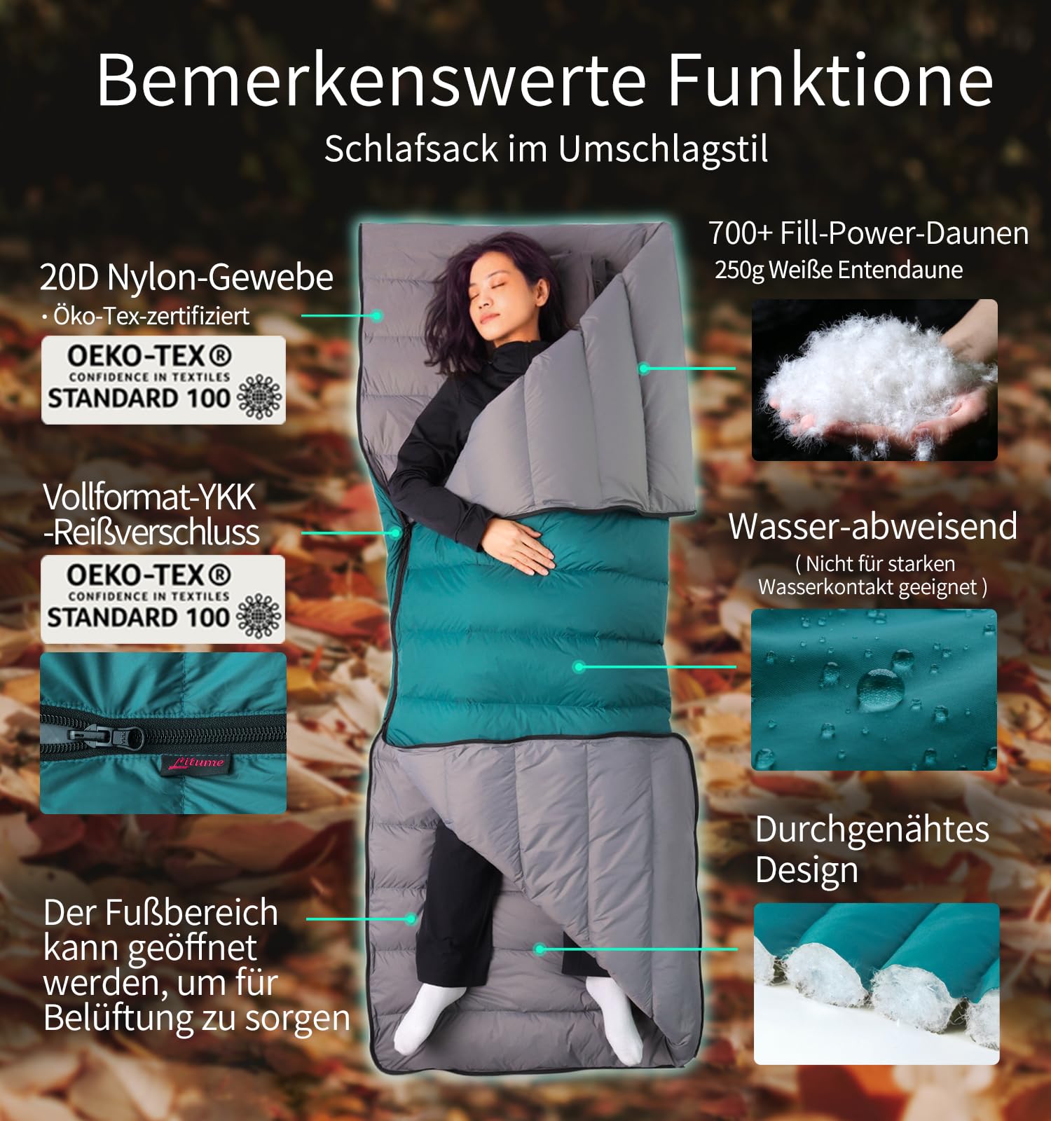Litume 565g,Die komfortable Temperatur von15°C kombinierbarer Daunenschlafsack, Leichter, kompakter Schlafsack für Erwachsene, Doppelschlafsack, zum Wandern, Camping, für die Familie