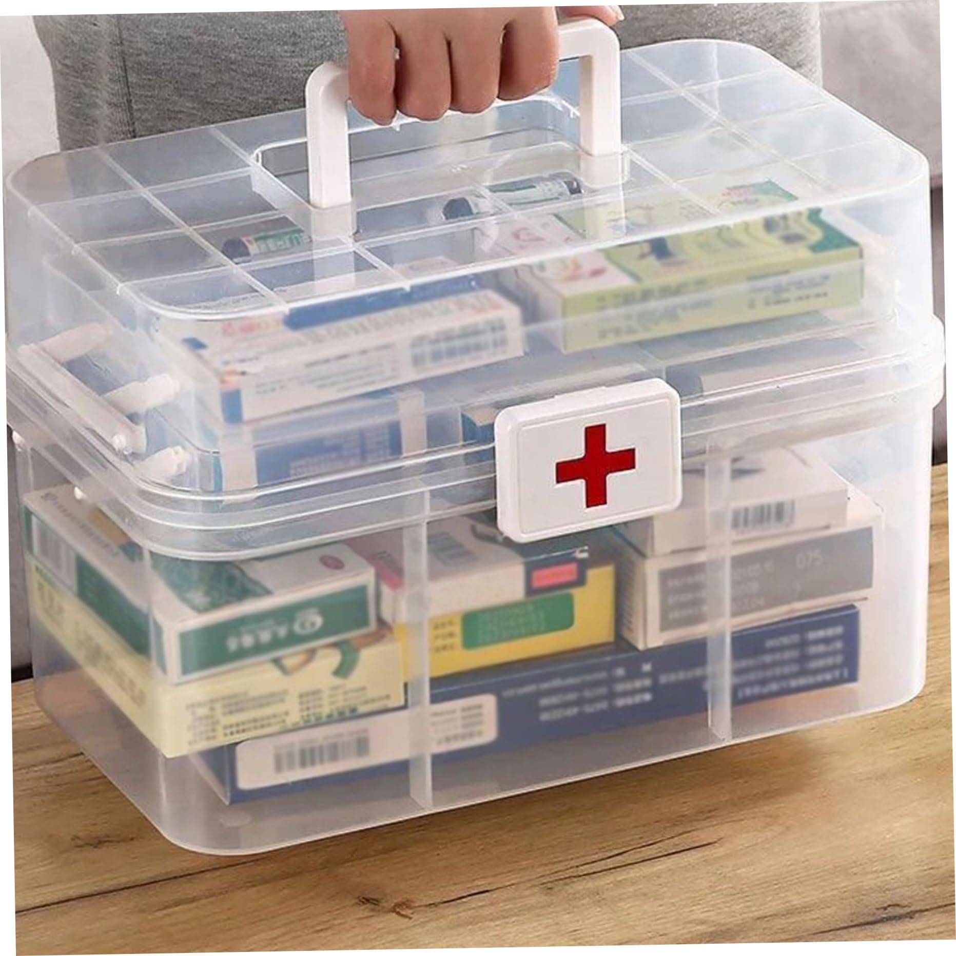 Scatola portaoggetti per medicinali, scatola portaoggetti multiuso pieghevole a tre strati, organizer artistico in plastica trasparente, pronto soccorso portatile con maniglia per casa, ufficio, orga