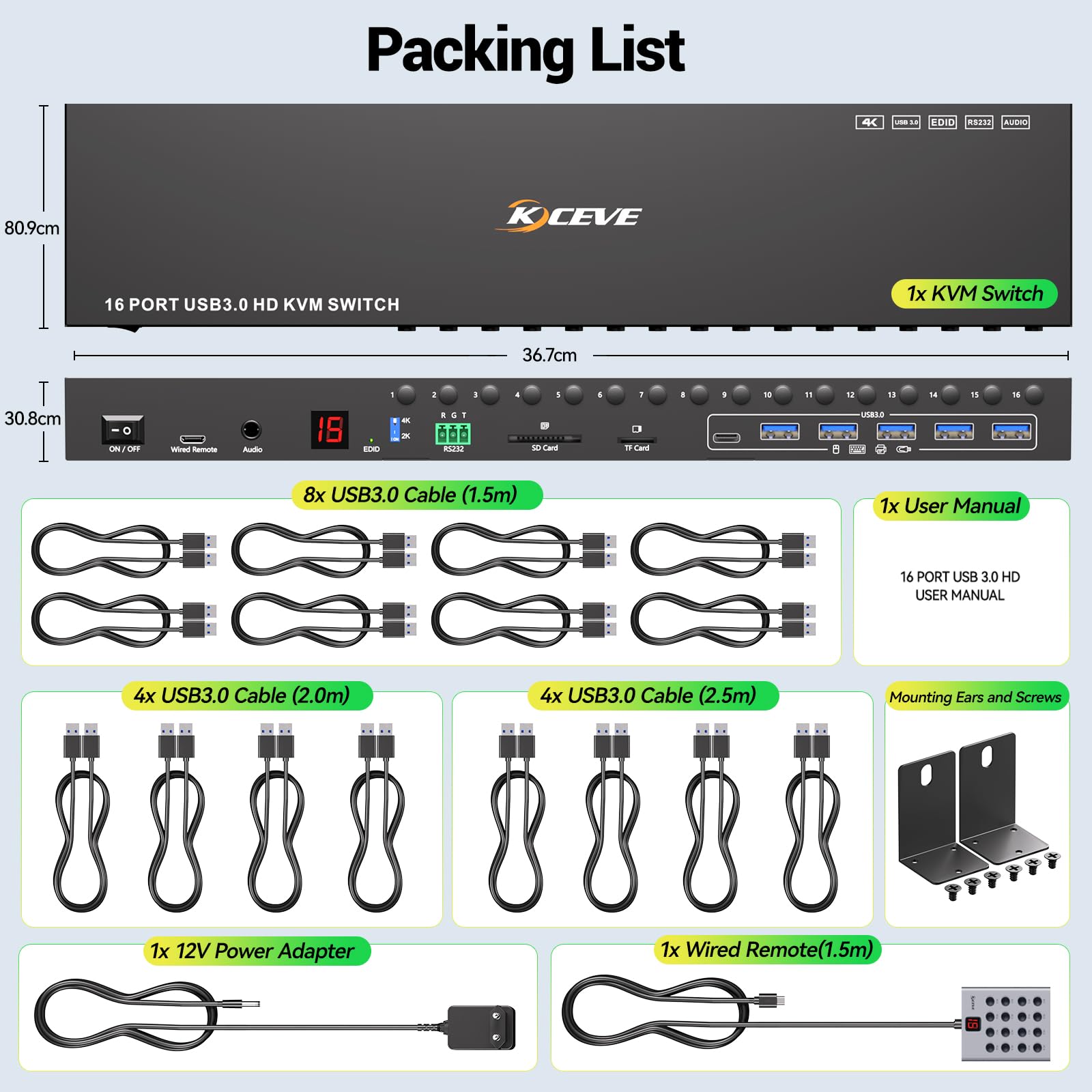 16 Port KVM Switch HDMI 4K@60Hz EDID Simulation, 1U Rack Mount USB 3.0 HDMI KVM Switch für 16 PC/Server, 6 USB 3.0 Ports, TF/SD, Audio,RS232, mit 12V Netzteil, Controller und 16 USB Kabel