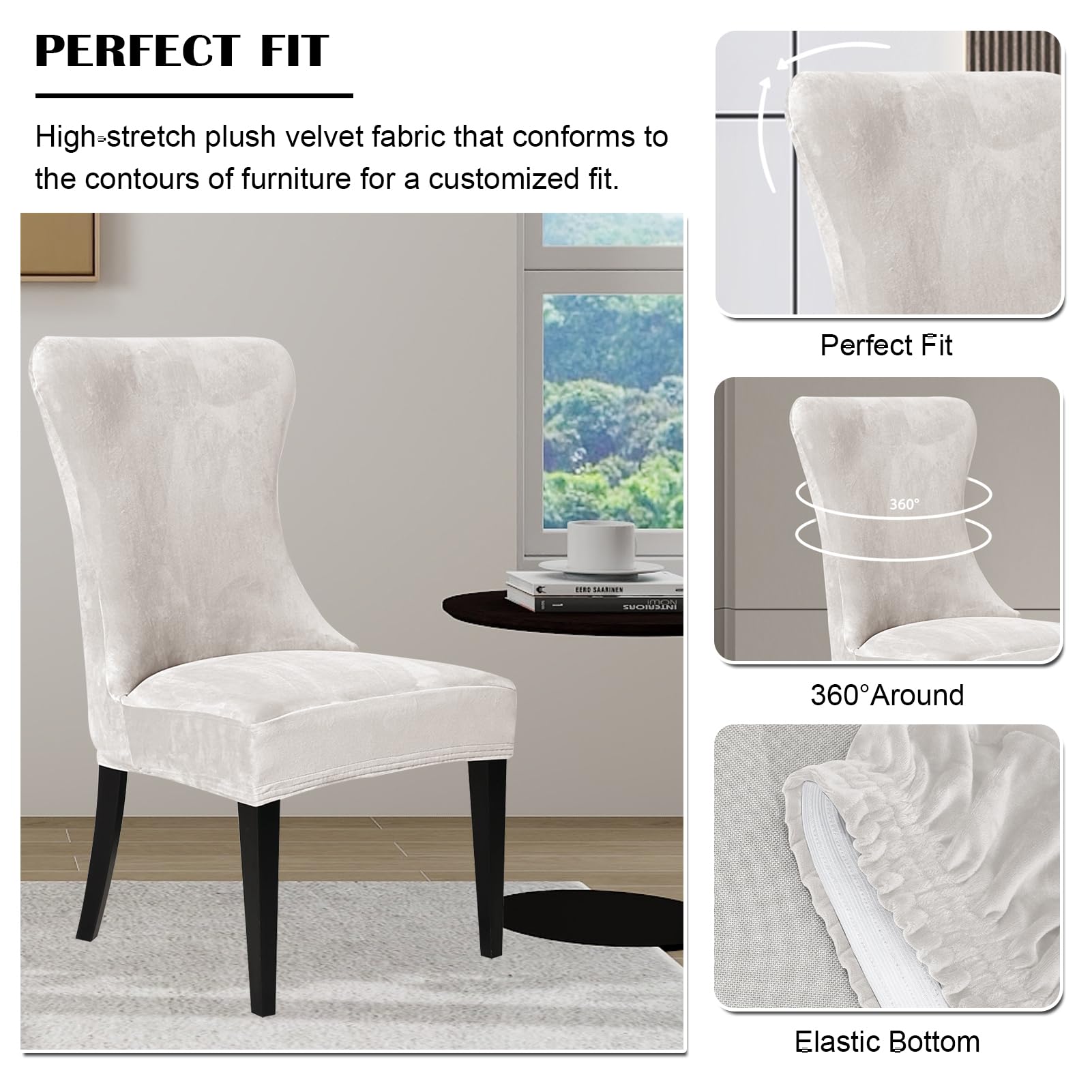 Coprisedia in velluto elasticizzato per sedie da pranzo con schienale alto, per cucina e decorazione della casa, confezione da 4, facile da montare e proteggere, elegante design bianco