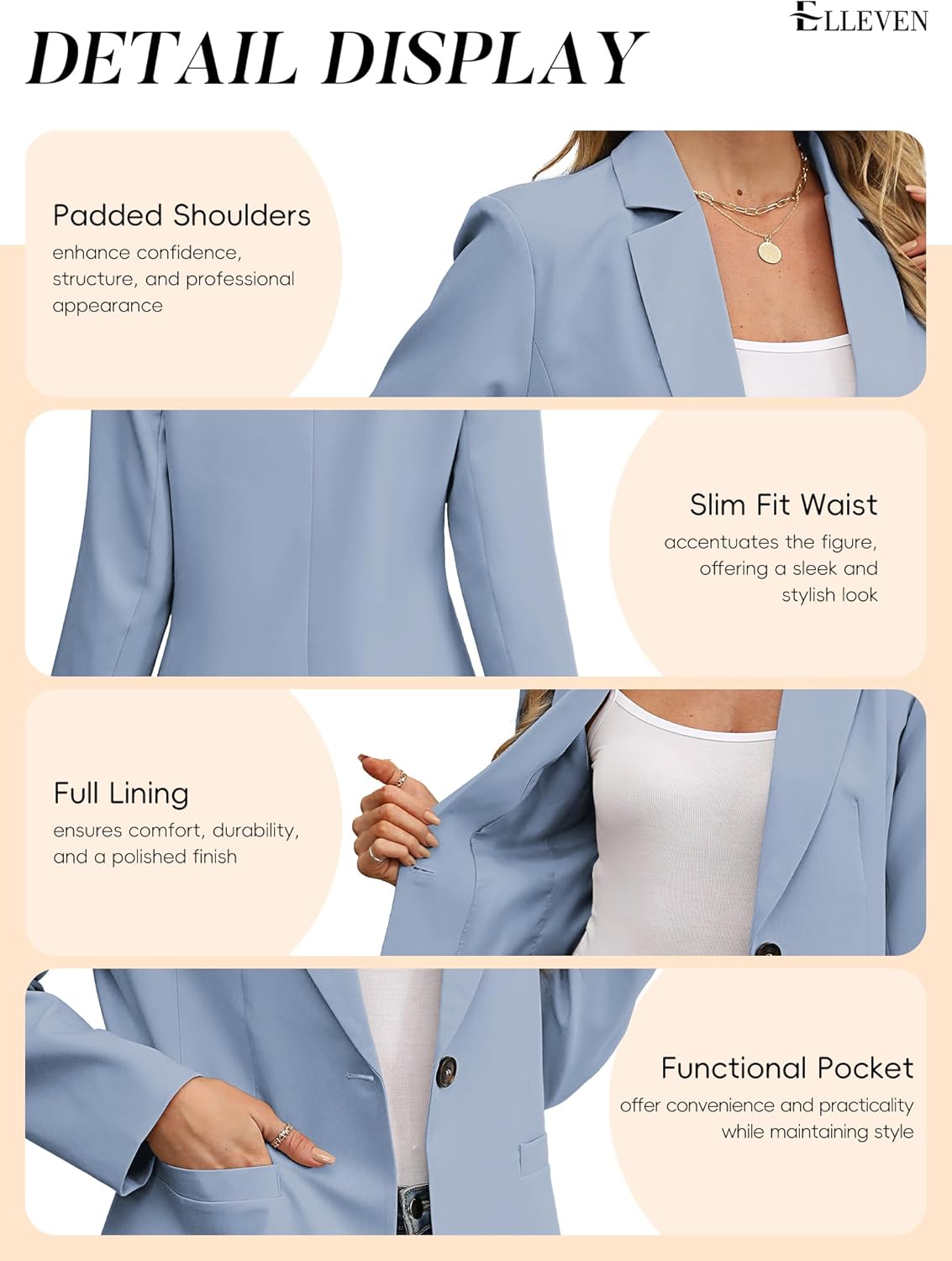 ELLEVEN Women's Blazer Business Casual Lightweight Suit - Long Sleeve Slim Fit Work Office Jacket with Pockets - Image 6