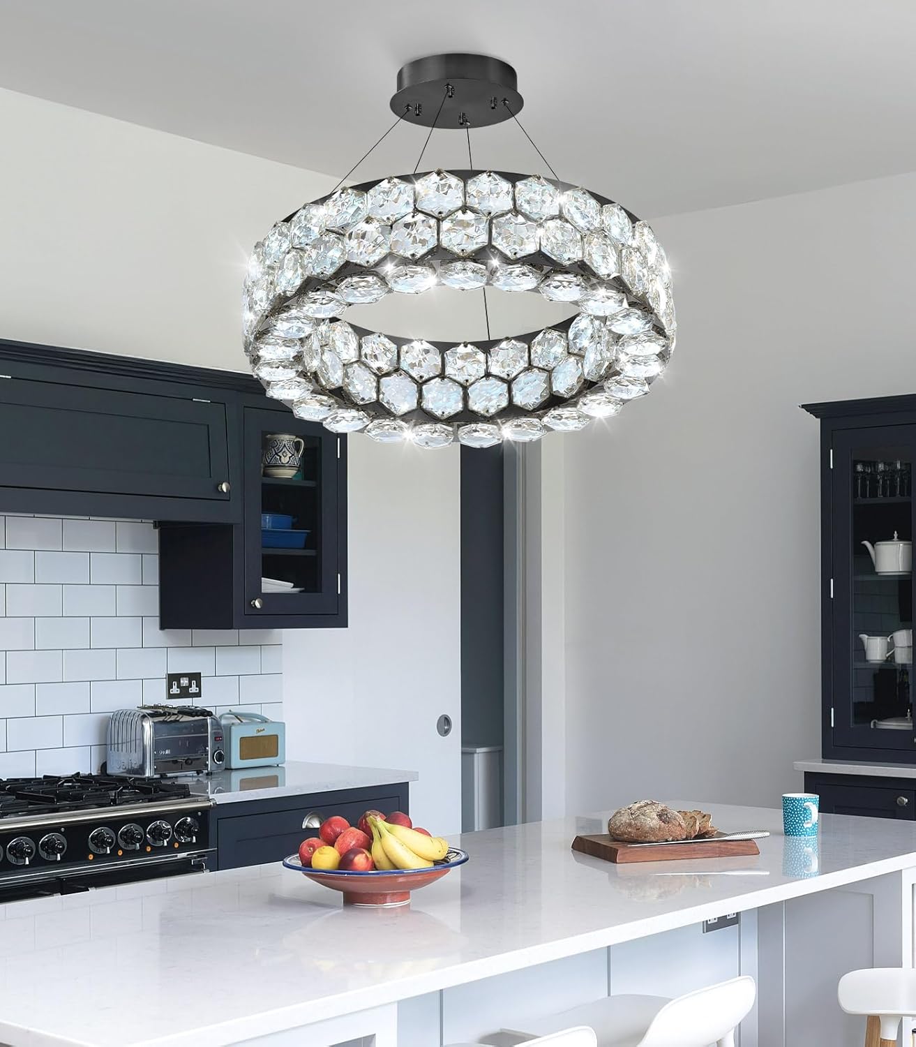 Crystal Chandeliers Modern Rings Pendant Light LED Dimmable Ceiling Light for Bedroom Dinning Room Kitchen Black