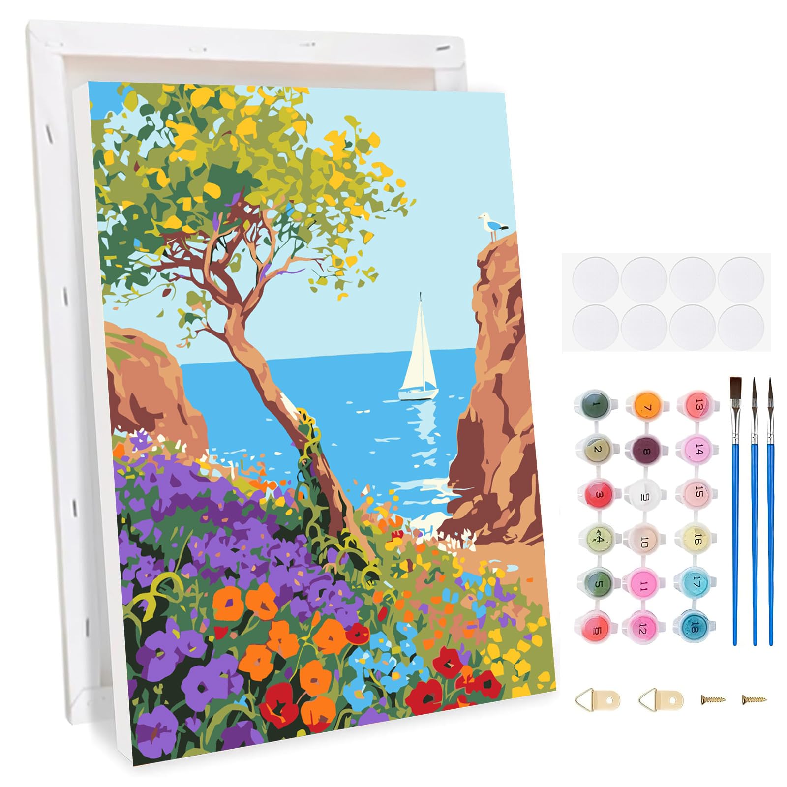 TLIOBLO Seaside Scenery Framed Paint by Numbers Kits for Adults Kids Ages 8-12, Paint by Numbers Trees and Flowers with All Accessories, DIY Painting on Canvas for Home Decor Gifts 8x12in โ image 1