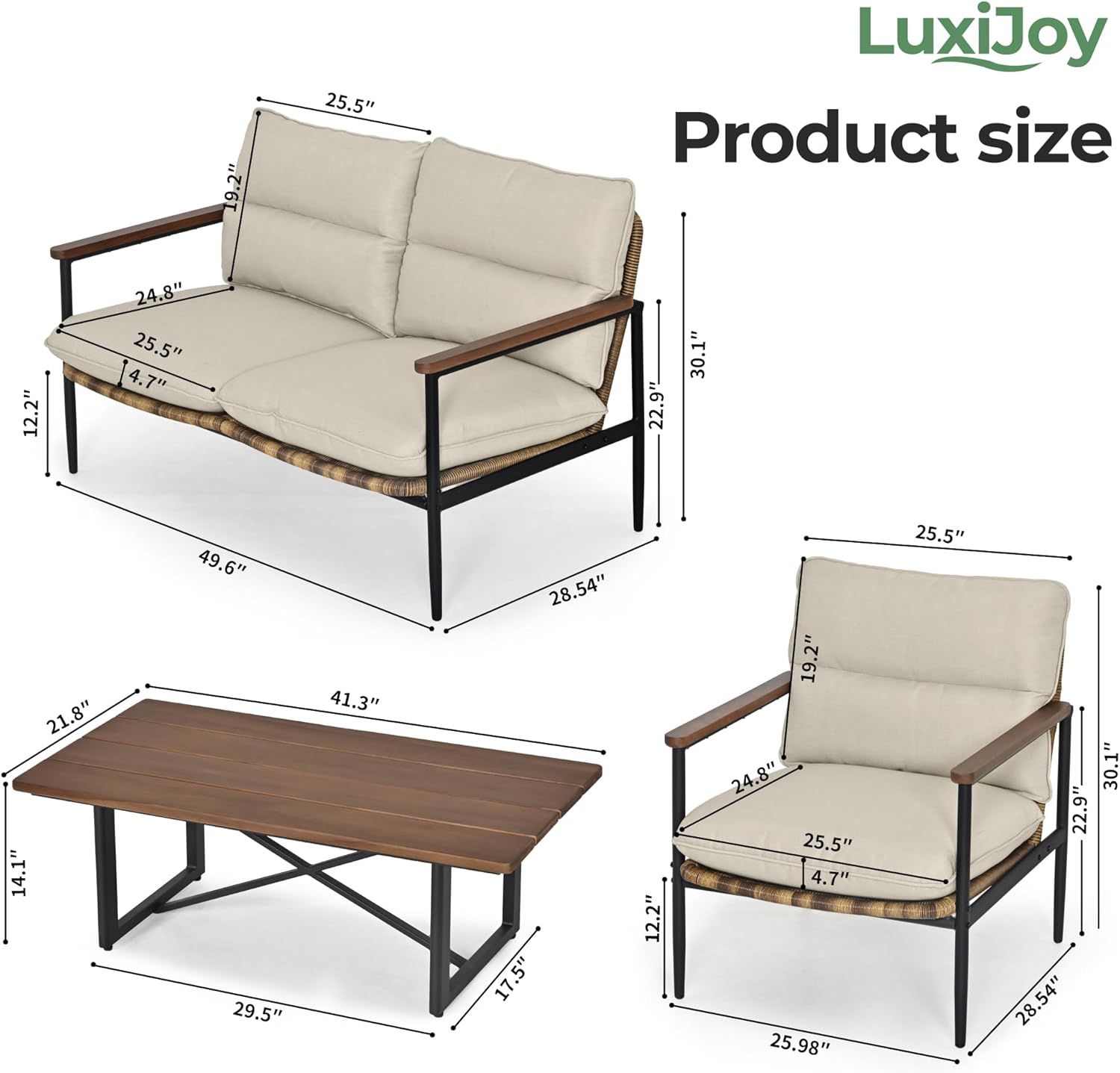 4-Piece Patio Furniture Sets, All Weather Rattan Patio Conversation Set with Aluminum Frame, Loveseat, 2 Chairs and Coffee Table, Smooth Wooden Armrest & Olefin Cushion for Yard Deck Porch