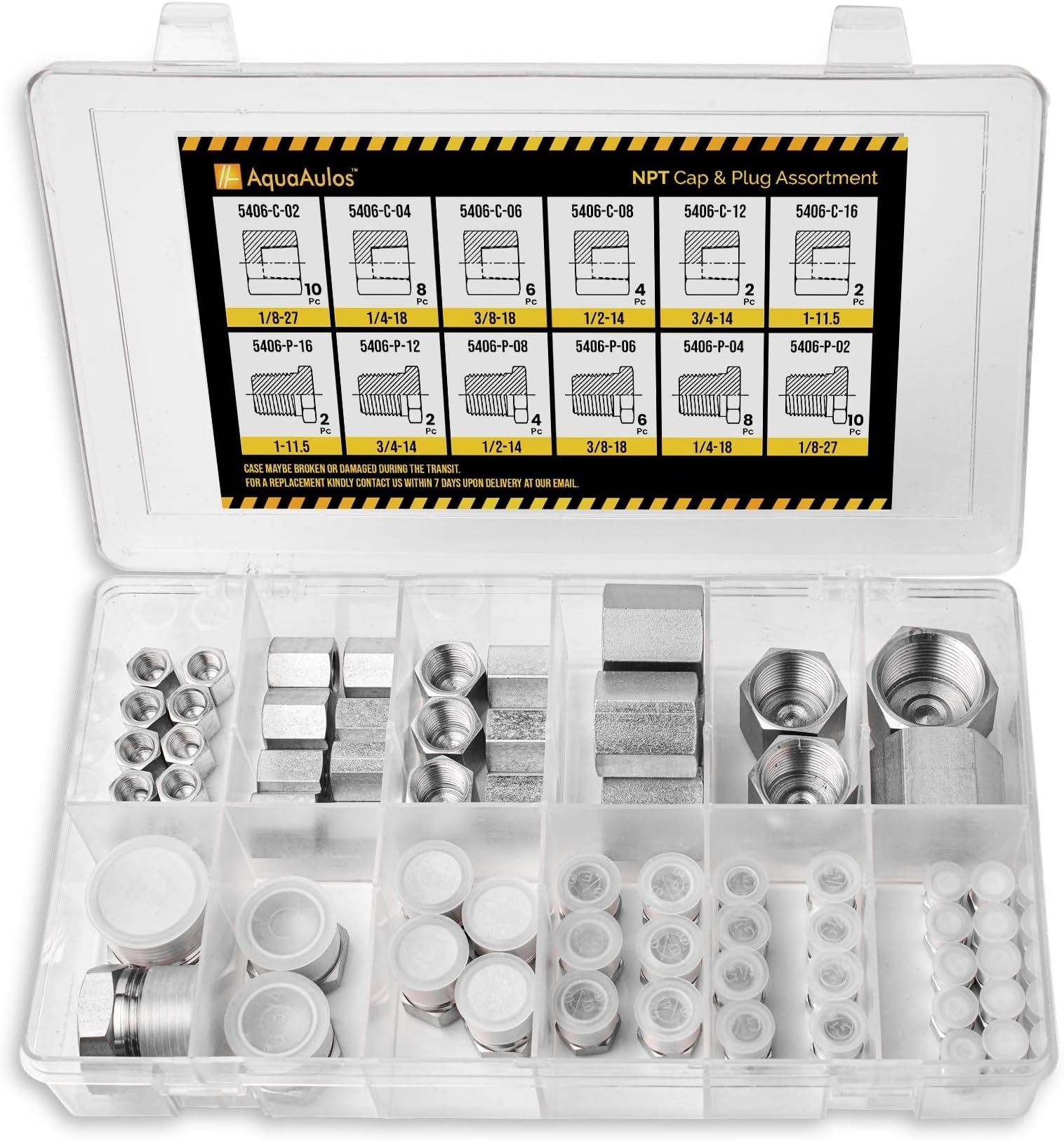 64 Pcs. Hydraulic NPT Pipe Fittings Cap & Plug Adapter Assortment Kit, Galvanized Steel with Precision Threading