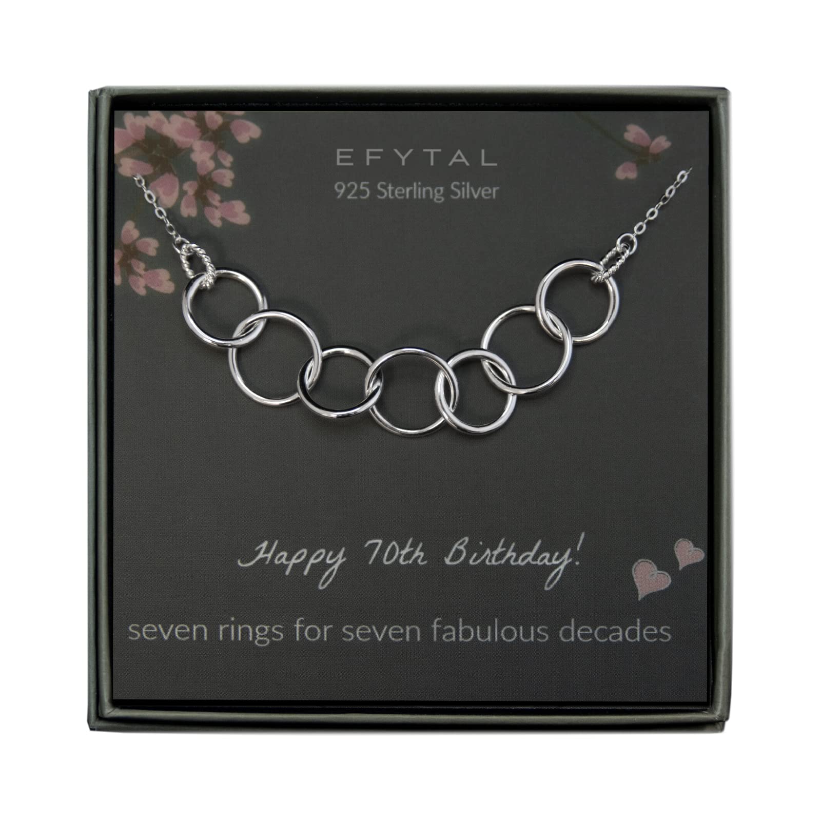 EFYTAL Happy 70th Birthday Gifts for Women Necklace, Sterling Silver 7 rings seven Decades Necklaces