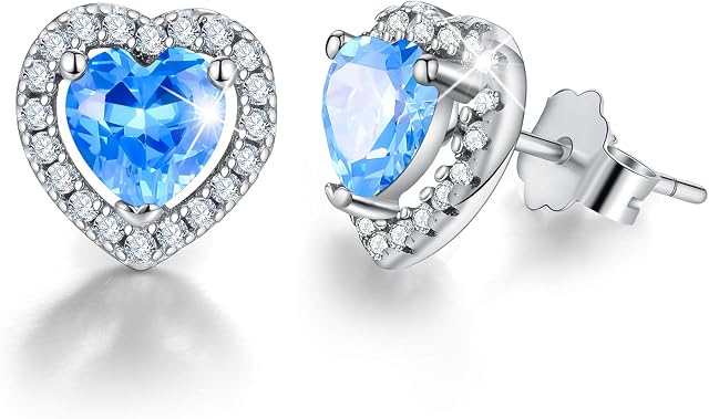 EsberryGift for Christmas 18K Gold Plating 925 Sterling Silver Birthstone Love Heart Stud Earrings Cubic Zirconia Hypoallergenic Earrings Birthday gift for Women and Girls (December-Blue Topaz)