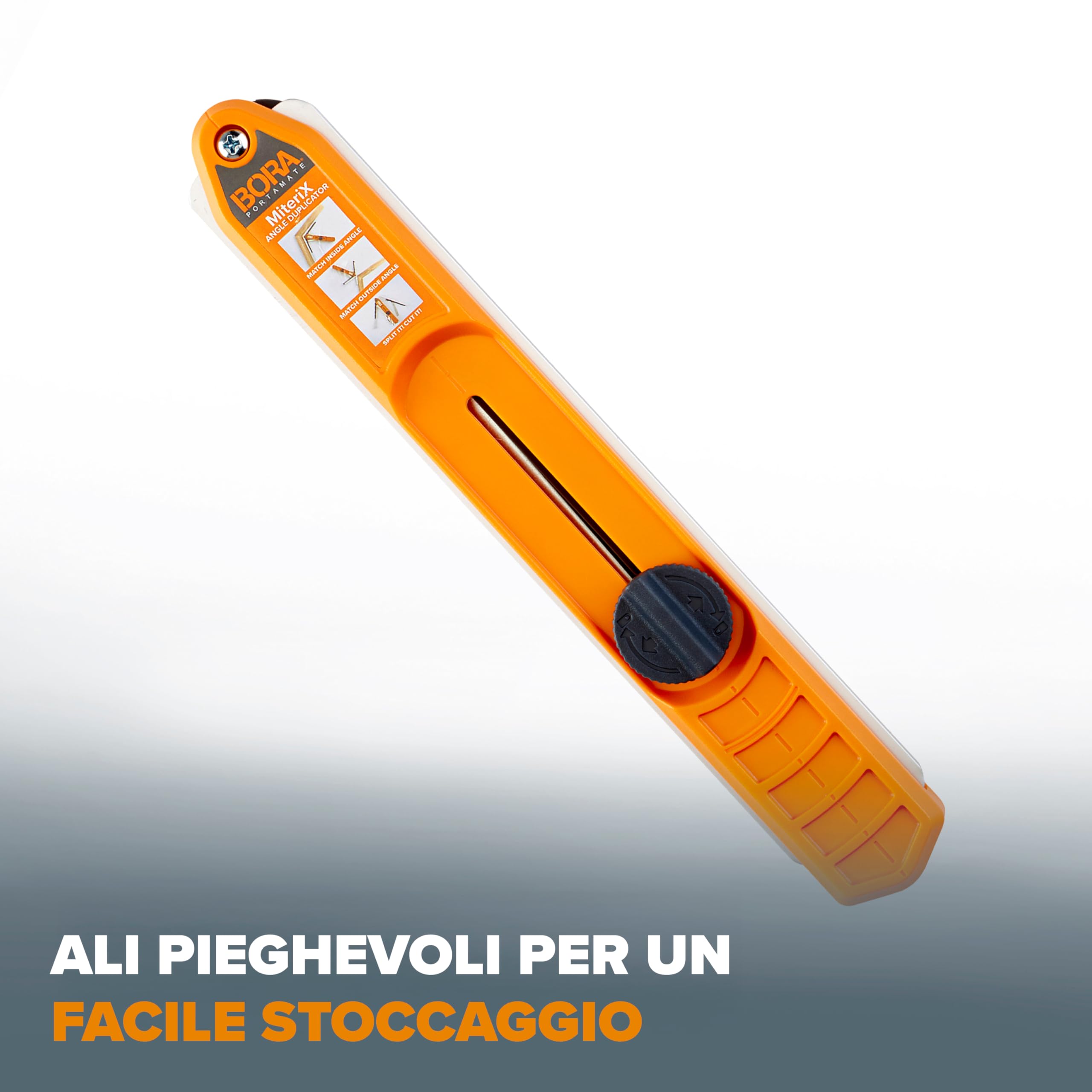 Bora 530401 Miterix. L'eccezionale strumento di misurazione del duplicatore che divide in modo da poter trasferire l'angolo esatto della mitra alla sega, argento/rosso