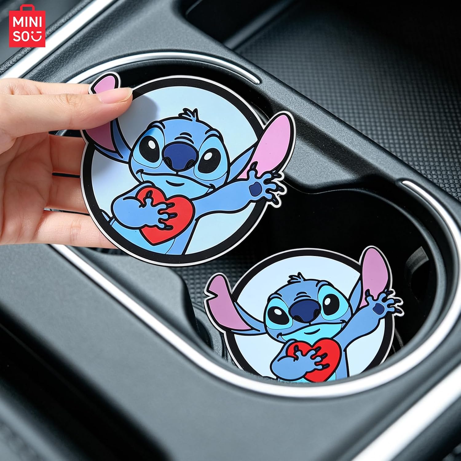 MINISO Disney Stitch Car Coasters, 2PCS Lilo&Stitch Coasters Universal Rubber Anti-Slip Automotive Drink Soft Cup Mat Cartoon Stitch Car Assecories for Women Men(Blue)