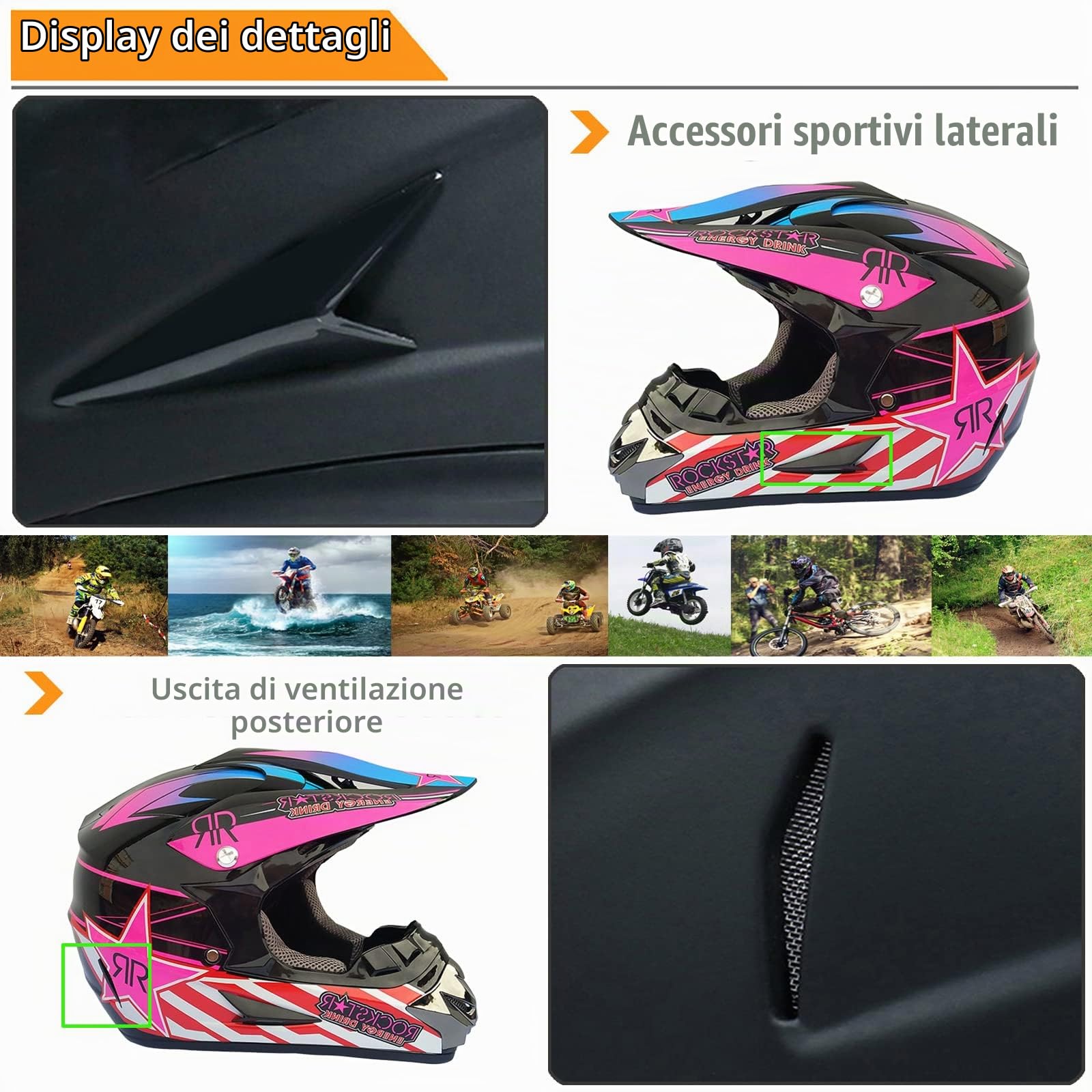 Casco Motocross MX Enduro Downhill ATV Casco Integrale con Occhiali Guanti Face Mask Rete del Casco - Certificato ECE Bambini E Adulti, (52-59CM),Pink-M