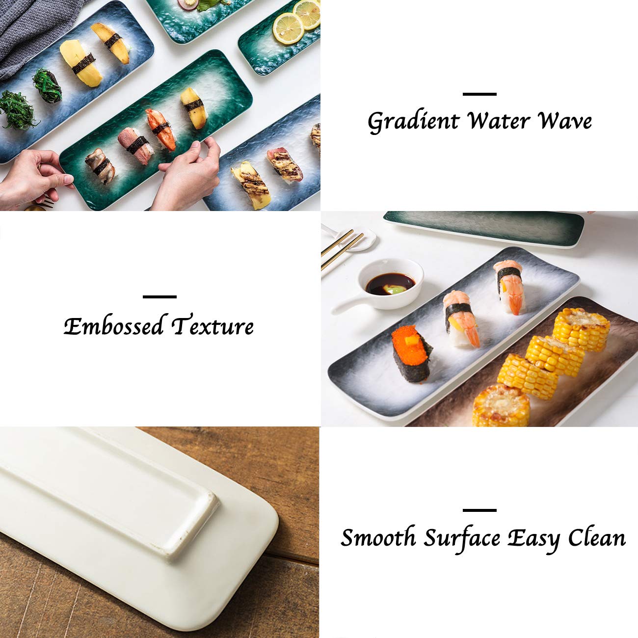 Platos de cerámica de 11.5 pulgadas, platos rectangulares de sushi con textura en relieve, bandejas de porcelana para servir aperitivos, decoración de platos, entretener a los invitados (juego 3