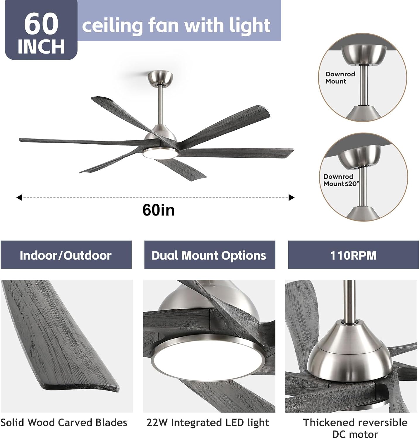 60 inch Ceiling Fans with Lights, Modern Smart Outdoor Ceiling Fan with Tuya App/Alexa Control/Google Assistant, Large Airflow Solid Wood Ceiling Fan for Bedroom Exterior Patio Porch (Nickel+ Gray)