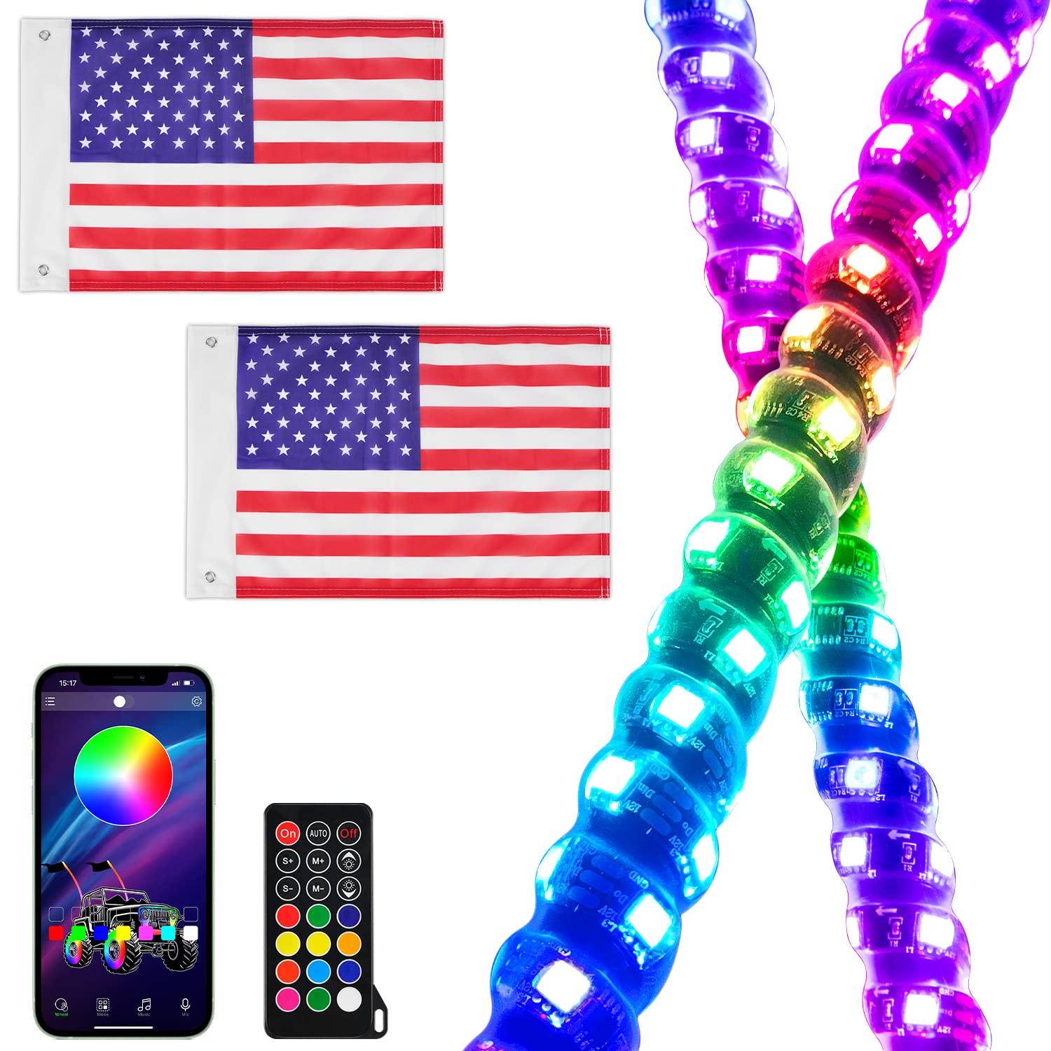 Photo 1 of OHMU 2Pcs 5FT LED Whip Light with Remote and Bluetooth,High Brightness 300 Flash Patterns Spiral RGB Chasing Warning Lighted Antenna Whips Side by Side