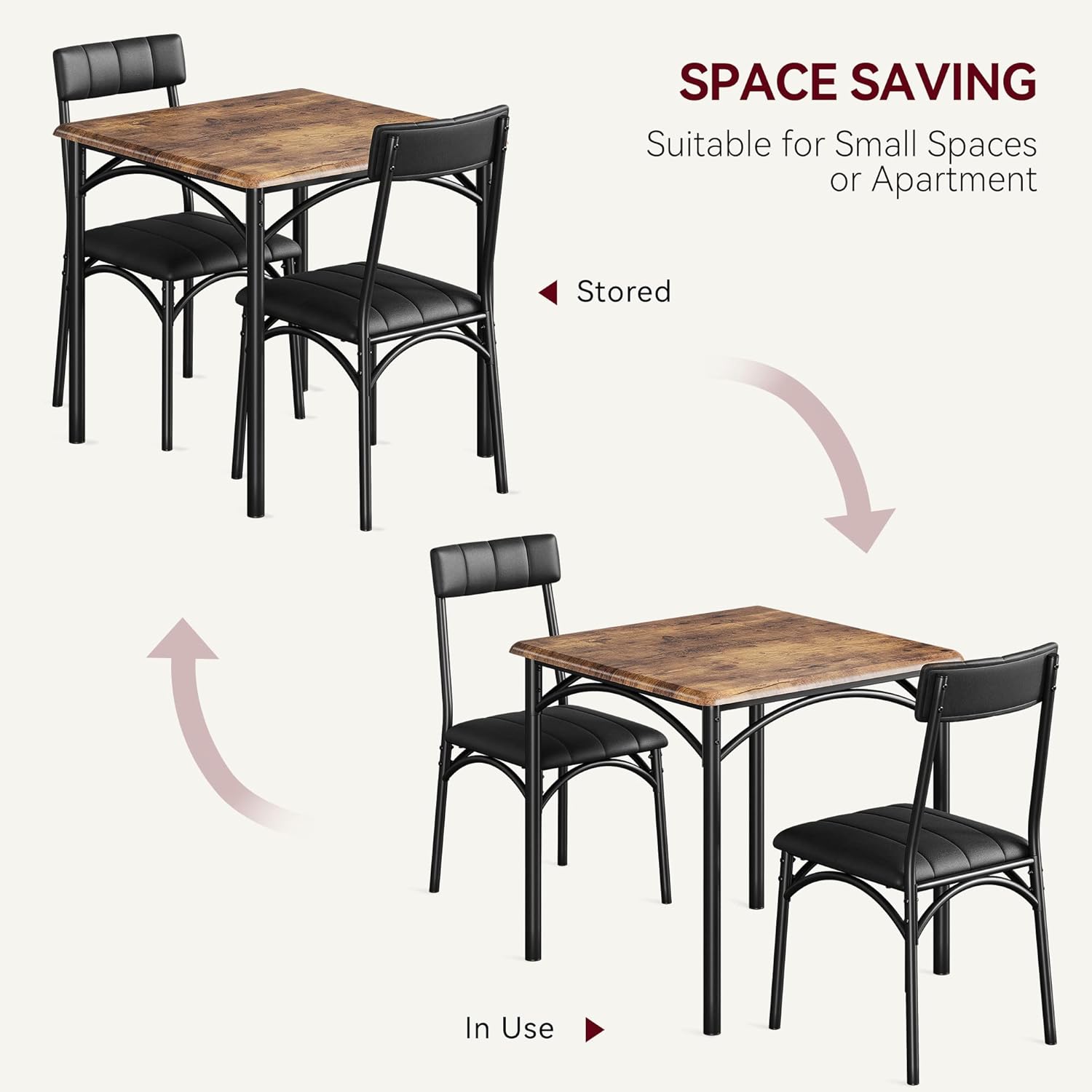 GAOMON 3-Piece Dining Table Set for 2, Space-Saving Kitchen Square Table and 2 Upholstered Chairs, Farmhouse Square Kitchen Table Set, Compact Dining Room Furniture for Apartment, Studio, Brown