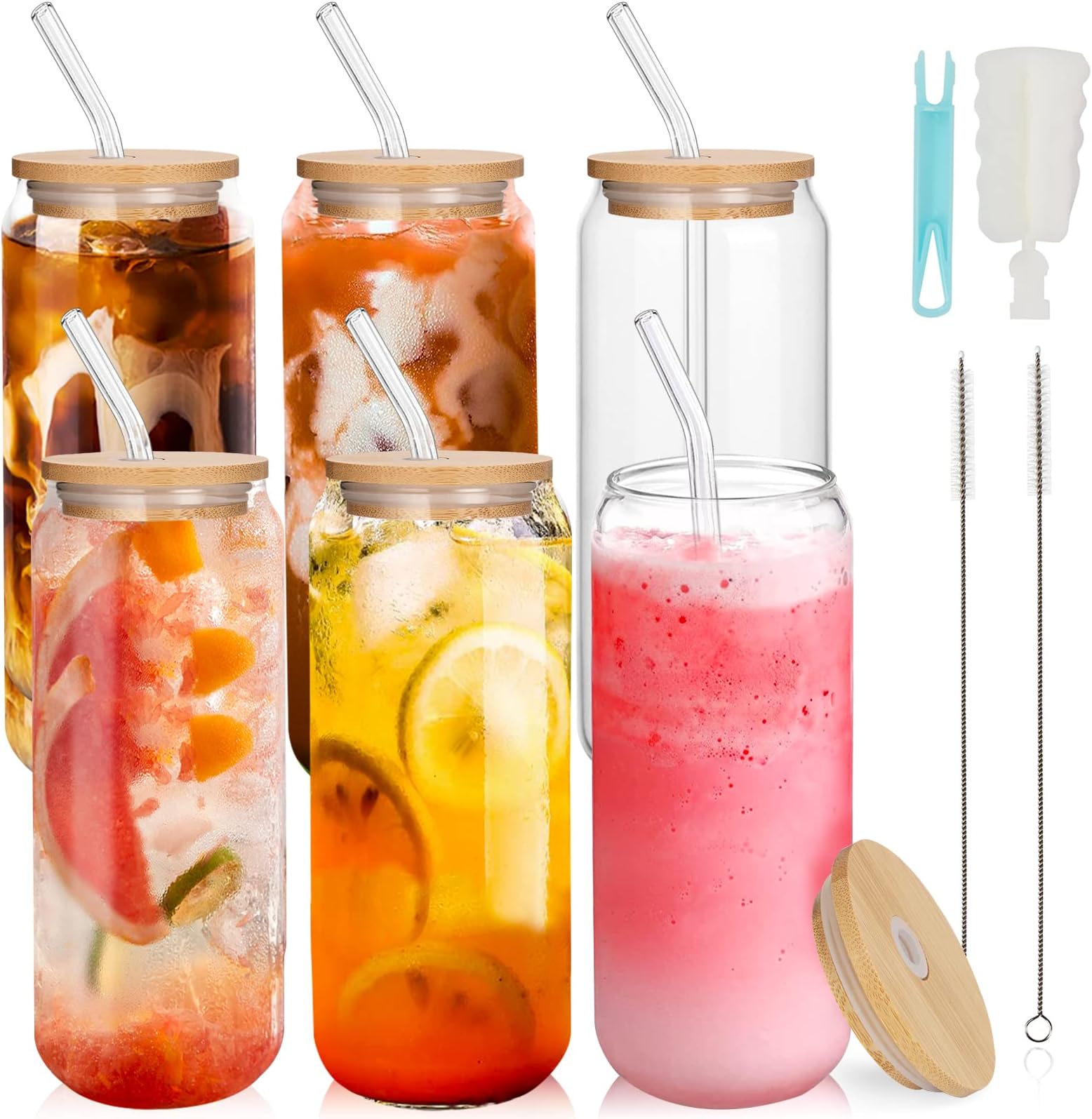 6x 590 Ml Glasbecher Mit Bambusdeckel & Glasstroh – Stylische Dosen-Form Für Cocktails, Boba, Limo & Mehr