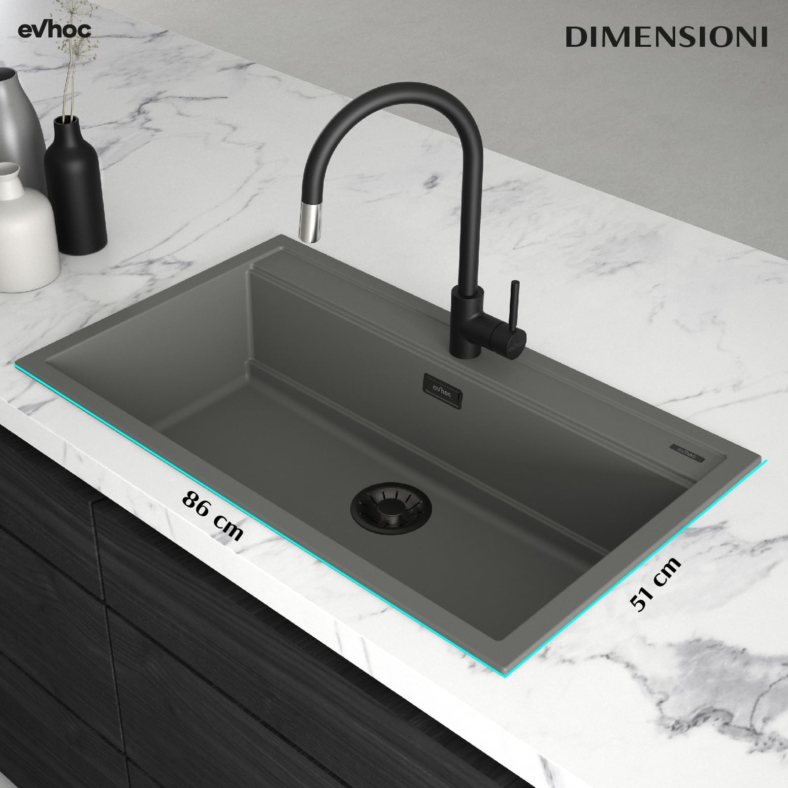 EVHOC Lavello Sopratop 86x51 cm 1 Vasca, Piletta Nera, Grigio, DESIDERATA L