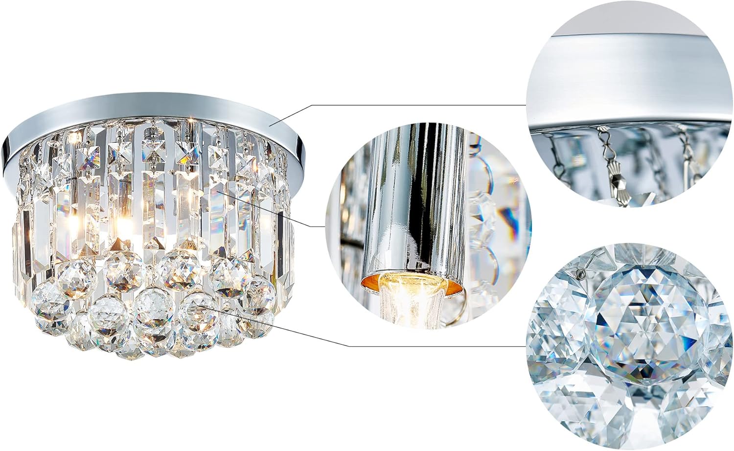 AGV LIGHTING 16061 K9 Crystal Flush Mount Ceiling Light Fixture, Close to Ceiling, Modern Design, 3-Lights, Perfect for Foyer, Living Room, D12 x H10, Chrome Finish