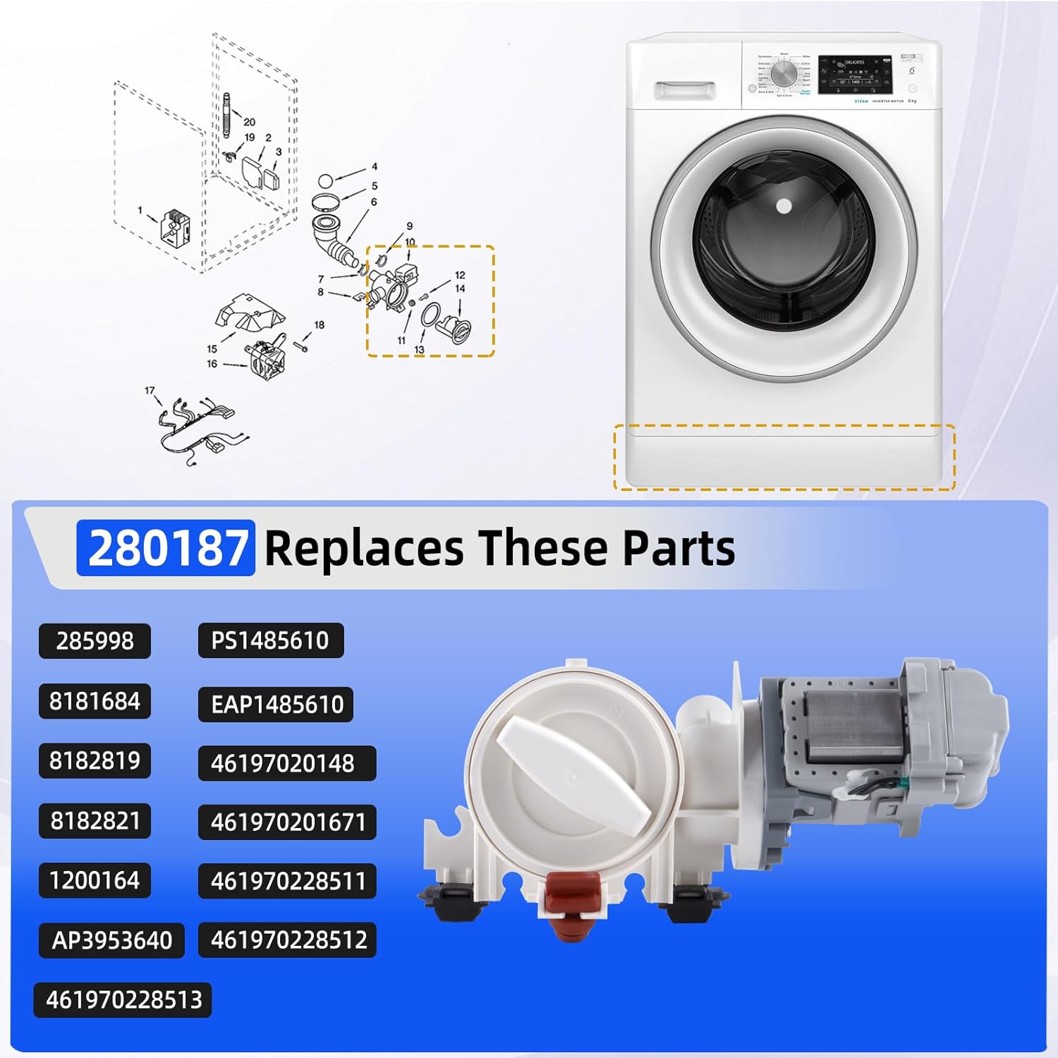 280187 8181684 1200164 Washer Drain Pump Assembly for Kenmore Whirlpool, Replaces 285998 8182819 8182821 46197020148 461970201671 461970228511 461970228512 461970228513 AP3953640 PS1485610