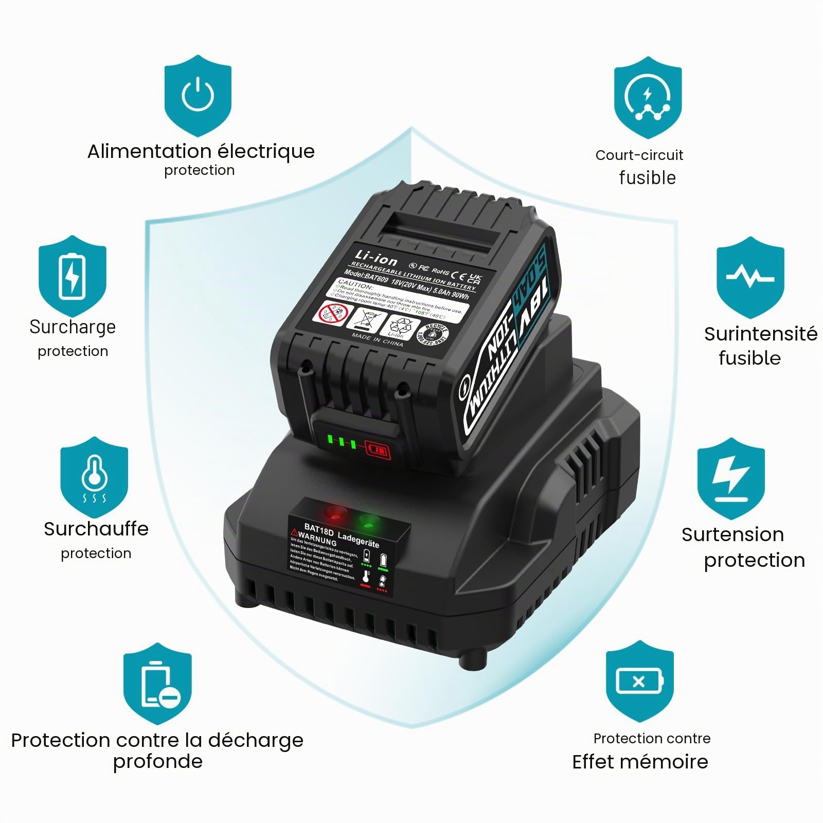 Batterie de rechange 5000 mAh pour Bosch Professional 18 V avec chargeur