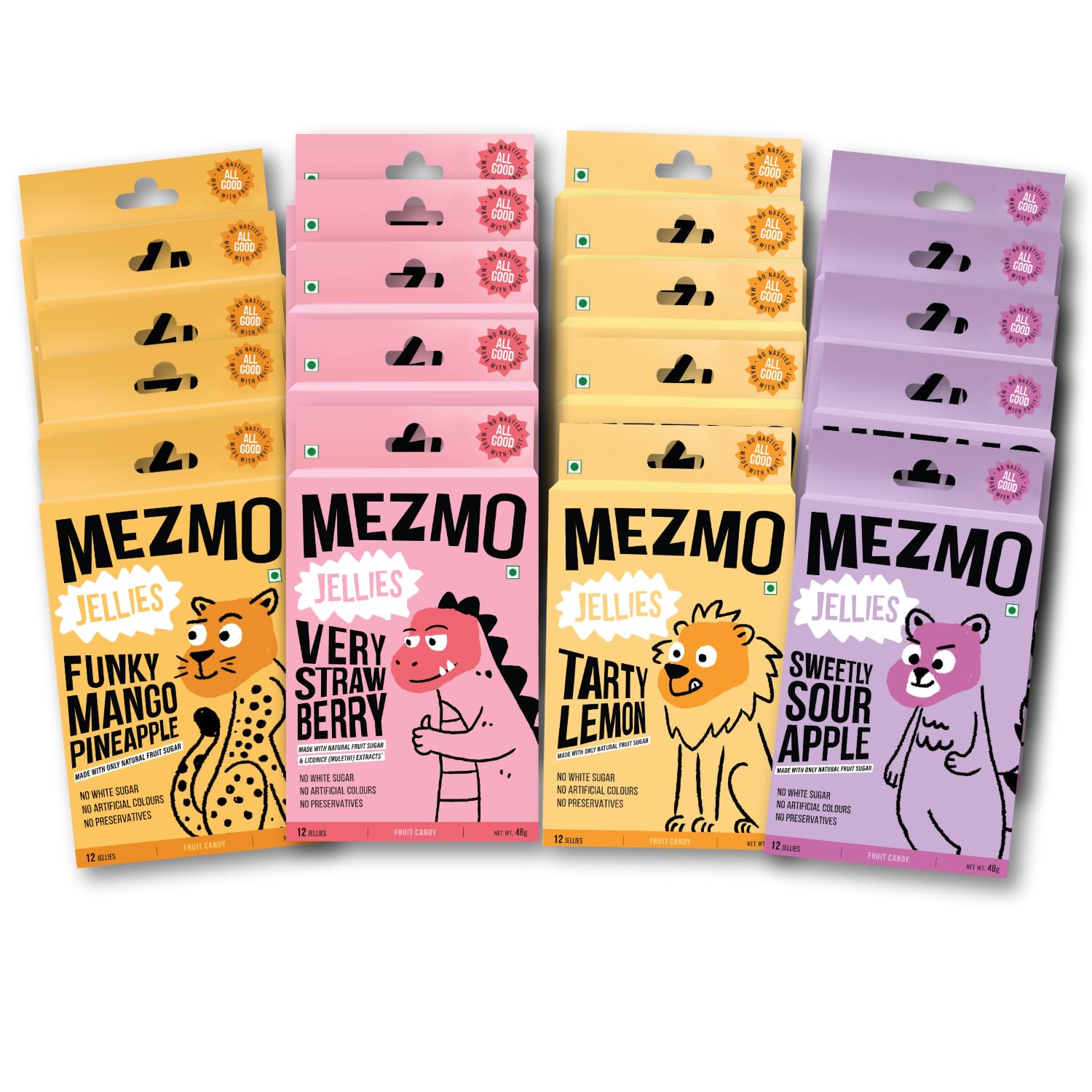 MEZMO soft jelly healthy n yummy candy with natural fruit sugar 800gms 240 gummies (Pack of 20) - Strawberry,Mango Pineapple,Tarty Lemon,Sour Apple