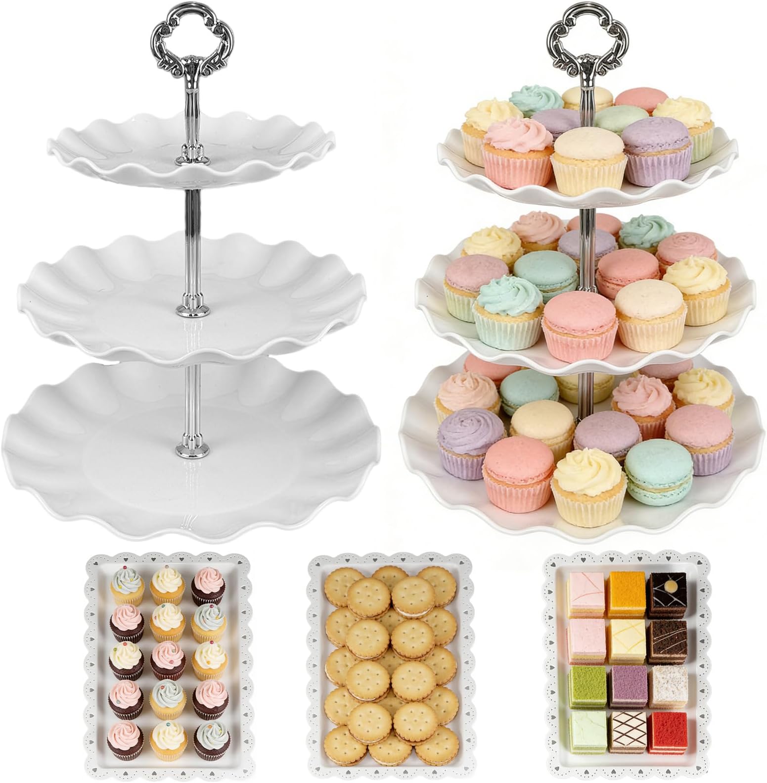5 Pcs Cake Stands Set with 2x Large 3 Tier Cupcake Stand and 3x Appetizer Trays, Silver Afternoon Tea Stands, Round Tiered Cake Stand for Birthday, Wedding, Graduation, Party