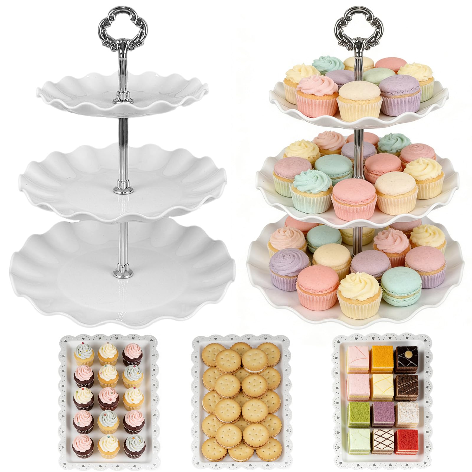 ZBXSNK 5 Pcs Cake Stands Set with 2x Large 3 Tier Cupcake Stand and 3x Appetizer Trays, Silver Afternoon Tea Stands, Round Tiered Cake Stand for Birthday, Wedding, Graduation, Party