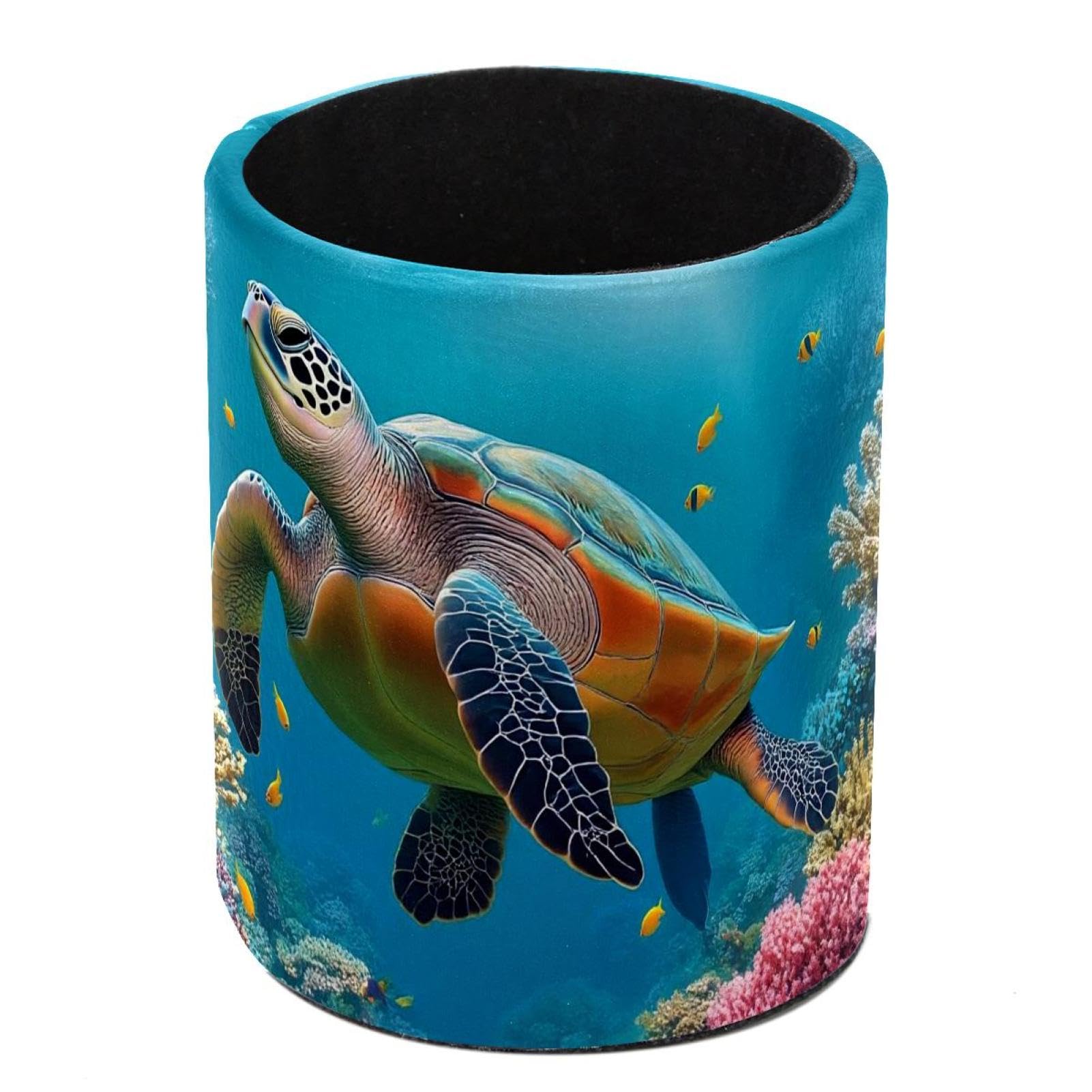 HEOEH Turtle Corals Fish Pen Holder for Desk, PU Leather Pencil Holder Pen Cup Marker Holder Makeup Brush Holders, Desk Accessories & Workspace Organizers for Home, Office