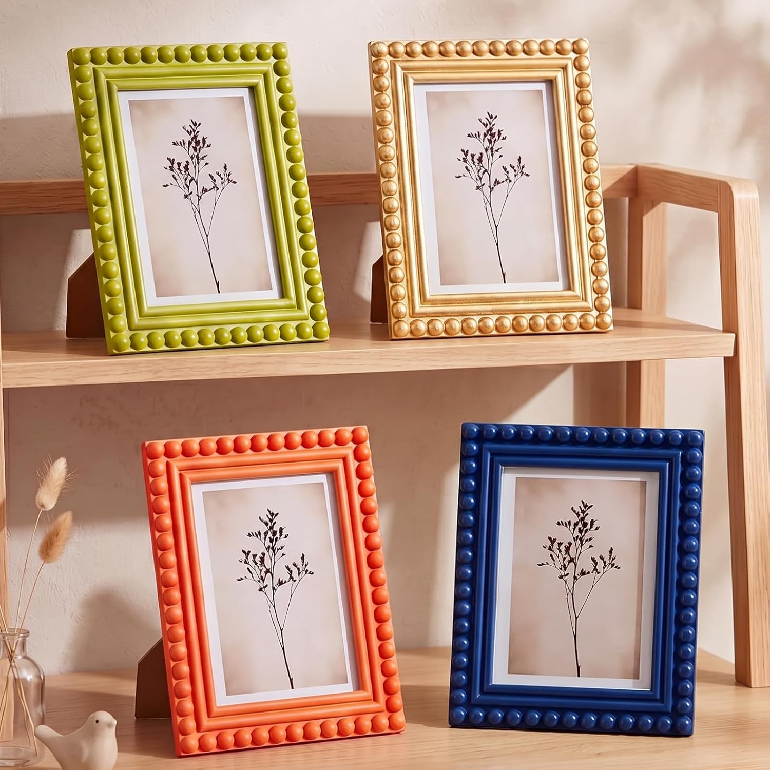4 Pack 5 x 7 Picture Frame, Wood Beaded Boho Photo Frame, Vintage Photo Display, Wall Hanging Desk Standing Decor, Birthday Anniversary for Family, Couple, Friends (Bohemian)