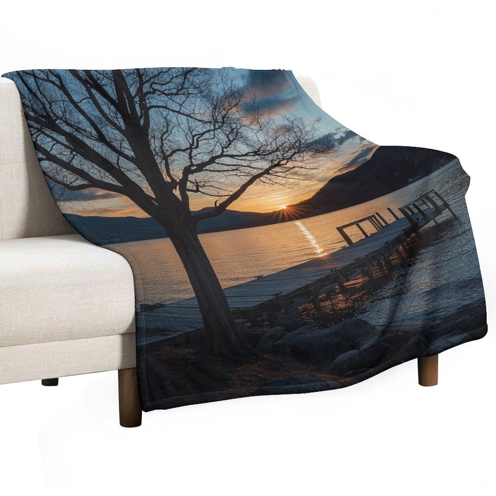 Couverture flanelle douce motif lac et forêt finitions haut de gamme pour lit