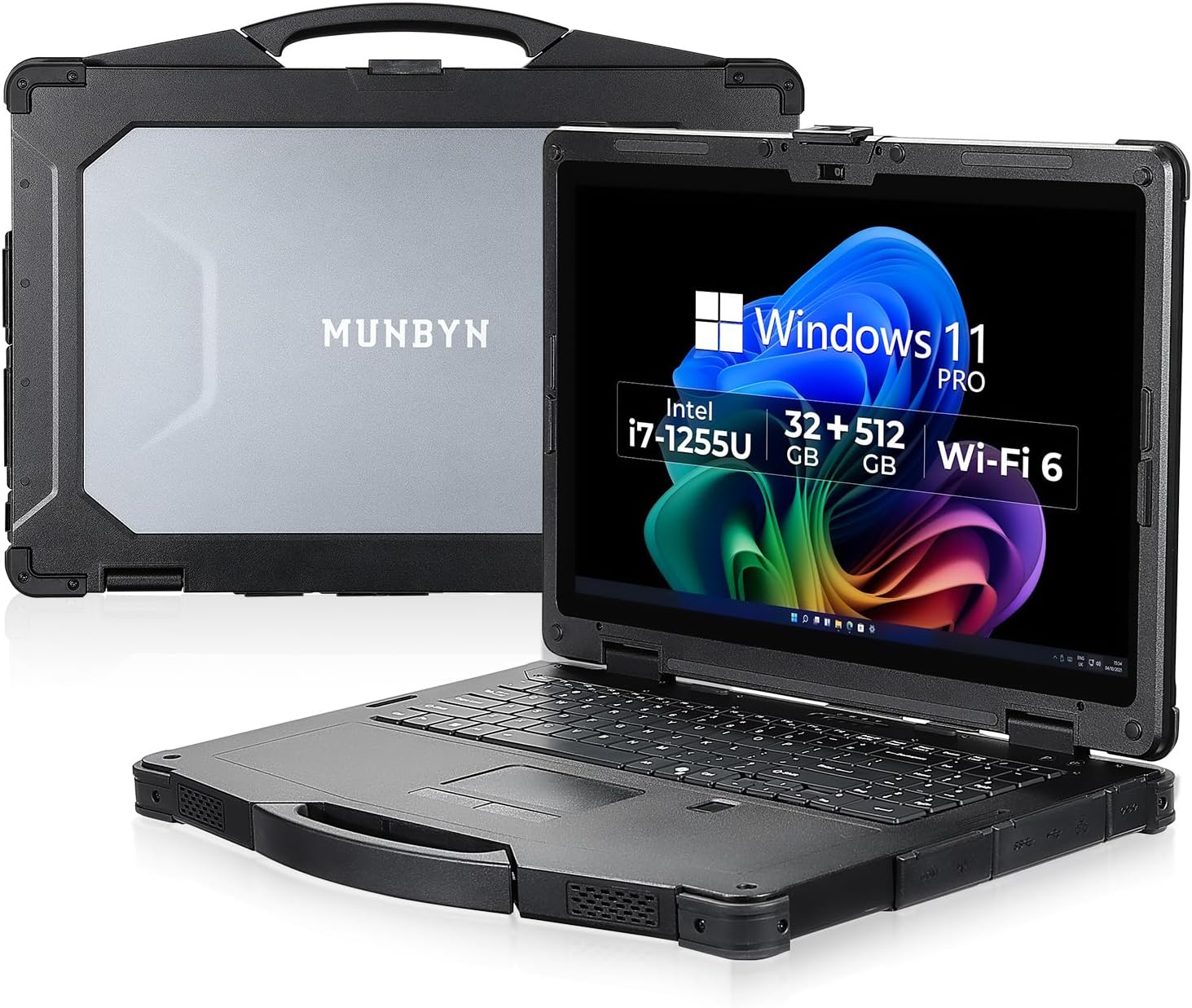 MUNBYN Rugged Laptop IRX17, 15.6" Windows 11 Pro, Intel i7-1255U, 32GB DDR5, 512GB SSD, 1000 Nits, Wi-Fi 6, IP65