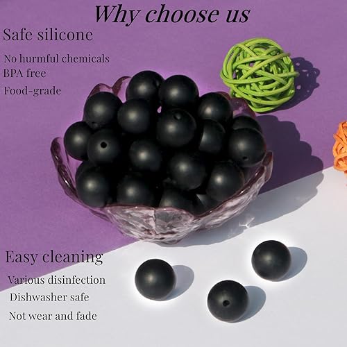 Miniatura 3 de 120 cuentas sueltas de silicona negra de 0.472 pulgadas para hacer pulseras de llavero y manualidades de joyería (negro)