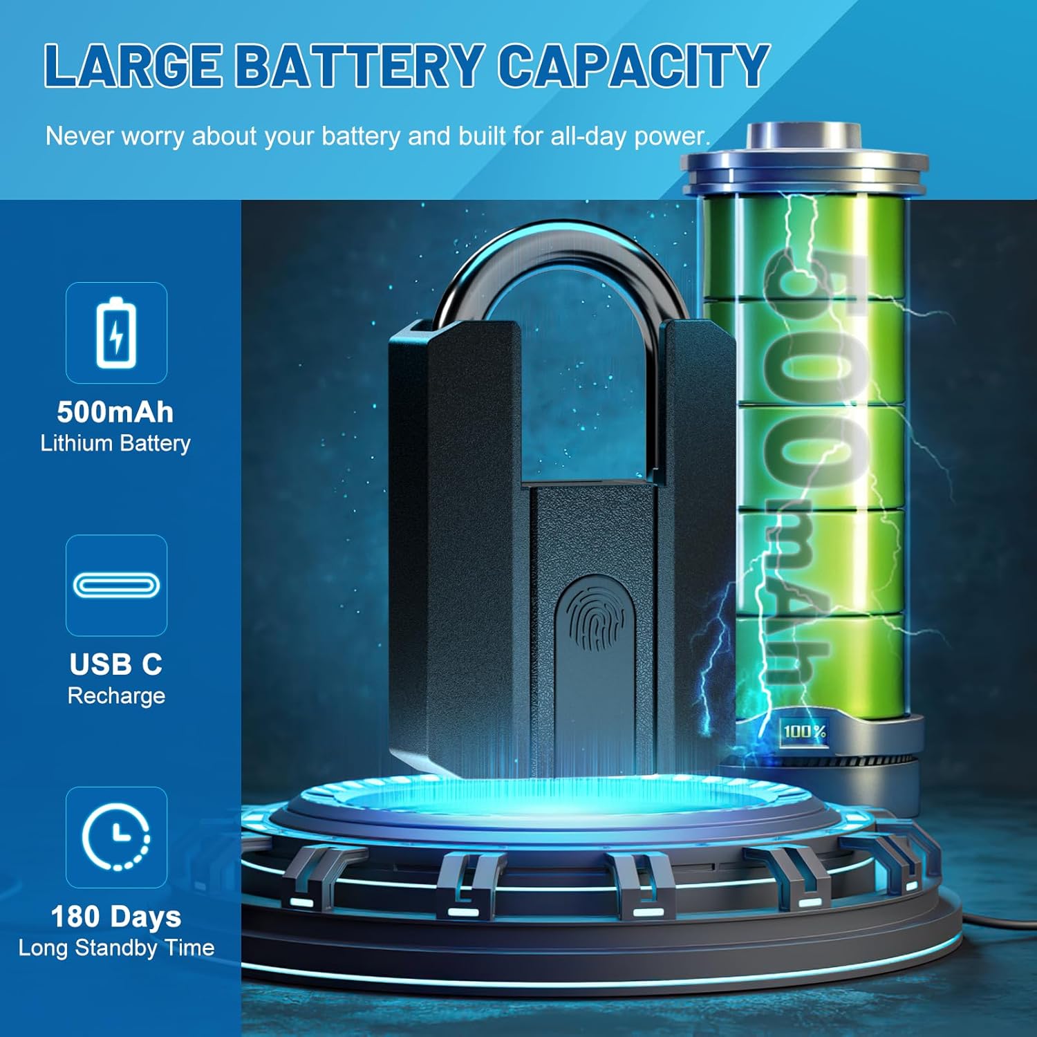 Smart Fingerprint Bike U Lock Bluetooth Heavy Duty Anti-Theft with 120 cm Steel Cable, USB Rechargeable Bicycle Lock Security Biometric App Control for Bike, Scooter, Motorcycle, E-Bike