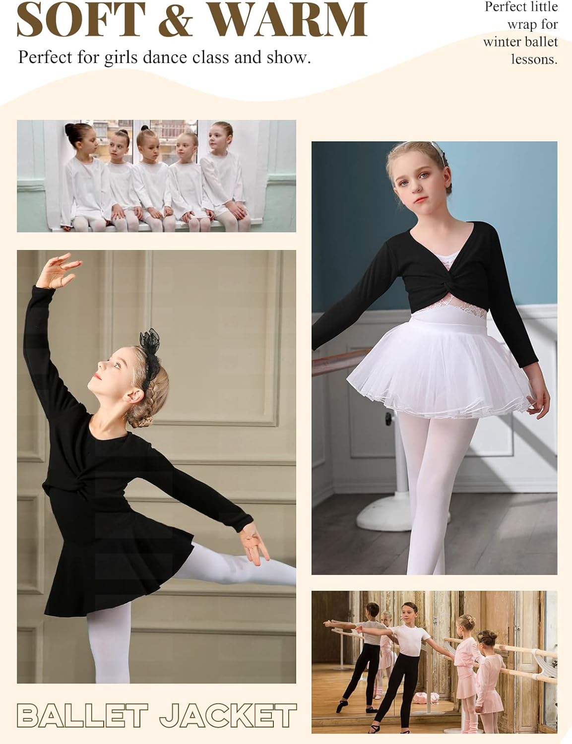 Soudittur Ballet Wrap Top Cotton Long Sleeve Dance Cardigan Shrug for Girls Black Pink White 3-13 Years - Image 6
