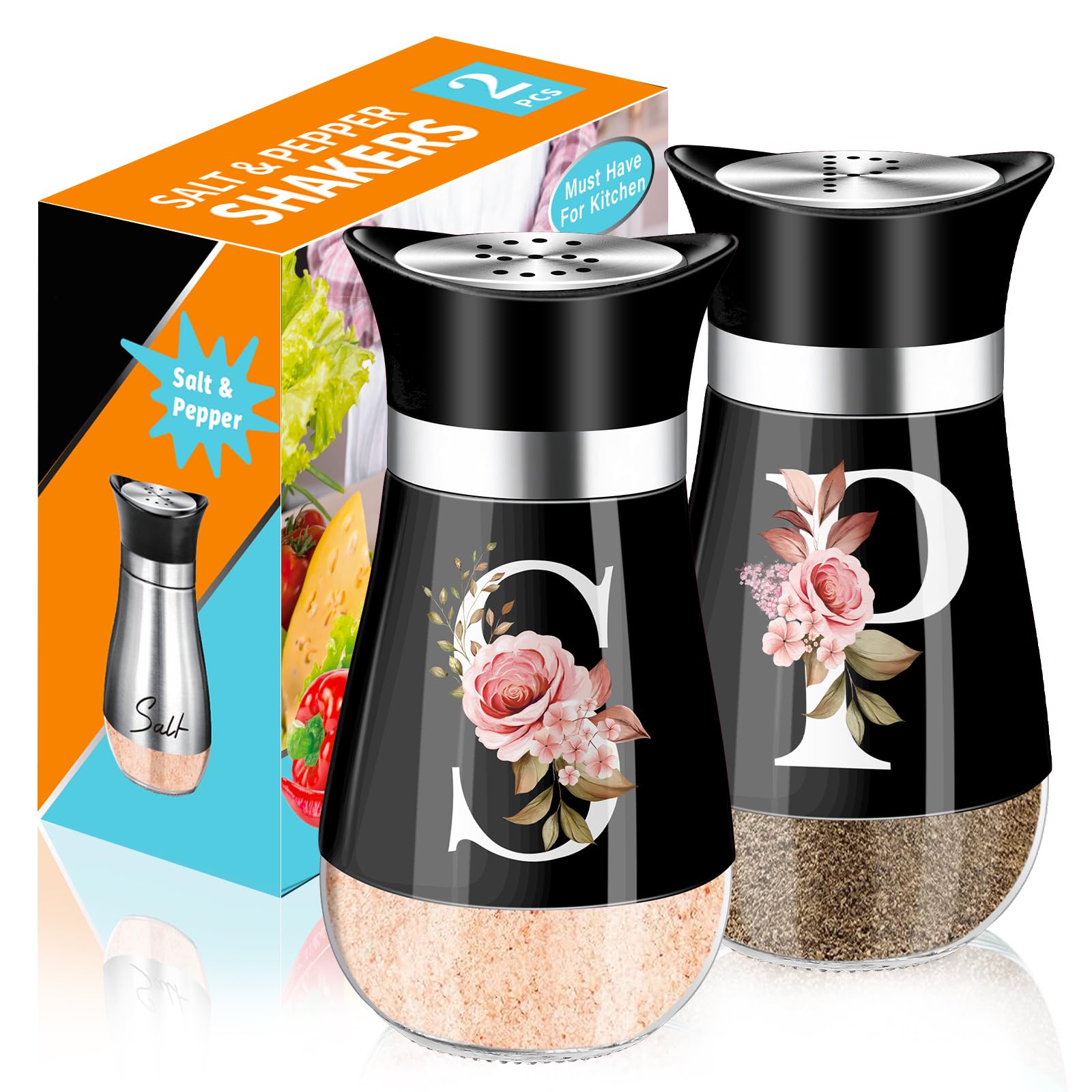 Salt and Pepper Shakers Set, 4 oz black kitchen decor, Stainless Steel & Glass Spice Dispenser Classic, Refillable Design, Farmhouse Salt Pepper