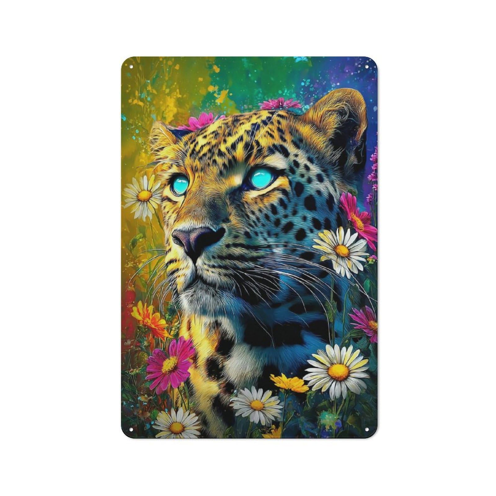 Junmoney Leopard In A Field Of Flowers -2 Metal Sign 30X20cm With For Workshop Wall, Retro Decor, For Garage, Workshop And Man Cave Decoration