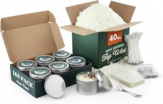 Hearth & Harbor 40 lbs. Soy Candle Wax with Supplies, 4 oz. 168 Pack Tin Jars with Lids, Cotton Candle Wicks, Wick Stickers and Centering Devices - Soy Wax Flakes with Containers for Candle Making