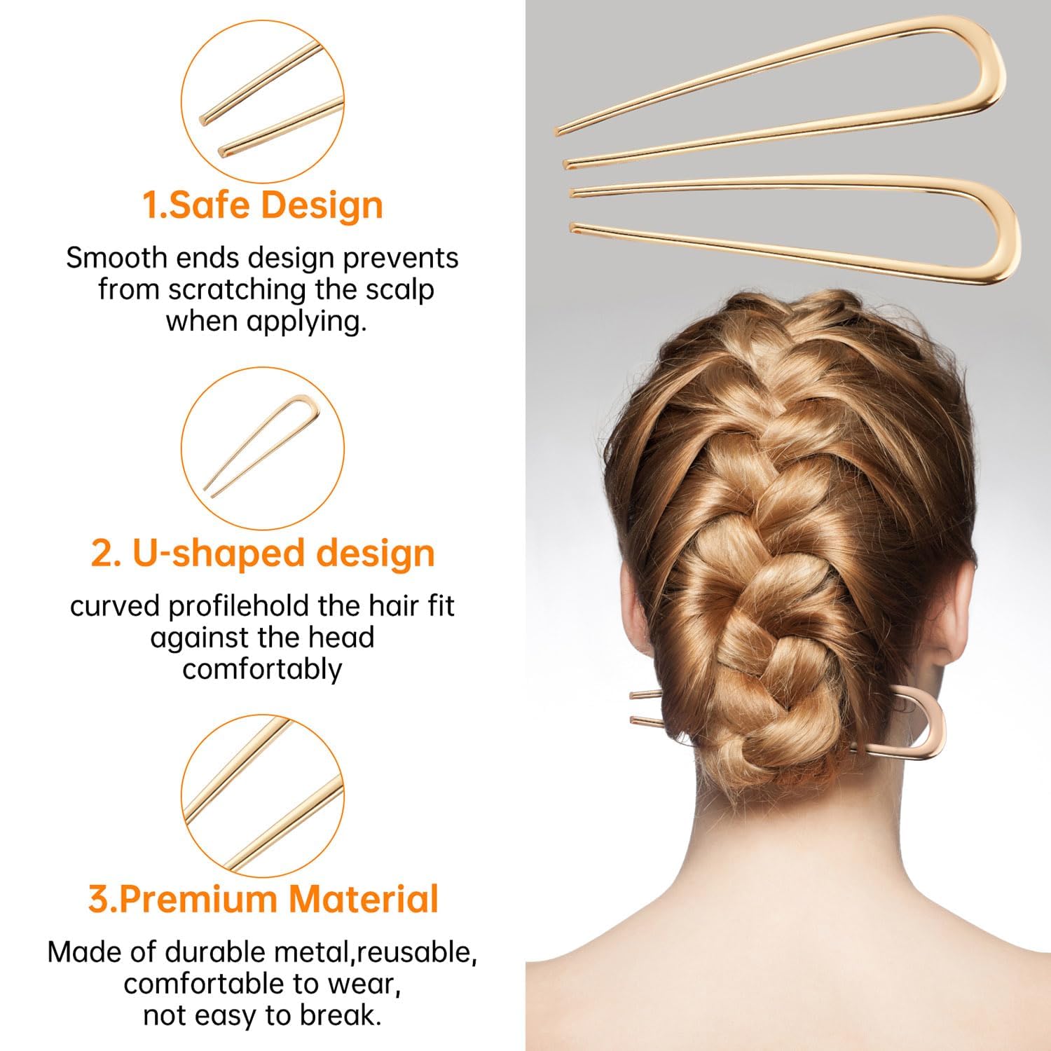 U-shaped Hairpin for women hair accessories- Elegant Metal French hair pin for a firm updo, Easily creating French buns and braids, stable and comfortable all day, 1pc (Gold) image 3