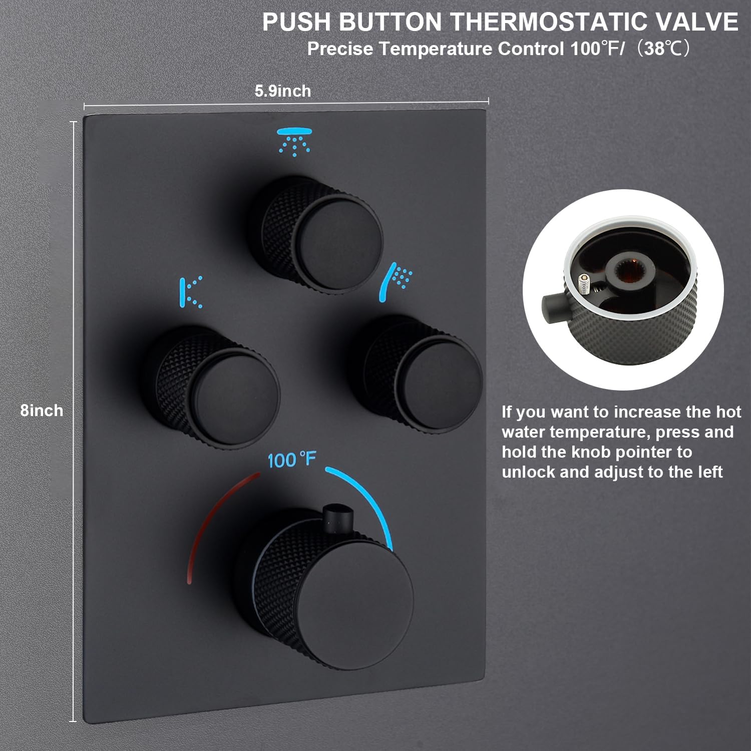 Modern Push Button 3 Way Thermostatic Shower Valve, Concealed Multi Function Brass Faucet Rough-In Mixer Shower Diverter Valve Kit Can Control Flow and On-Off Simultaneously, Matte Black