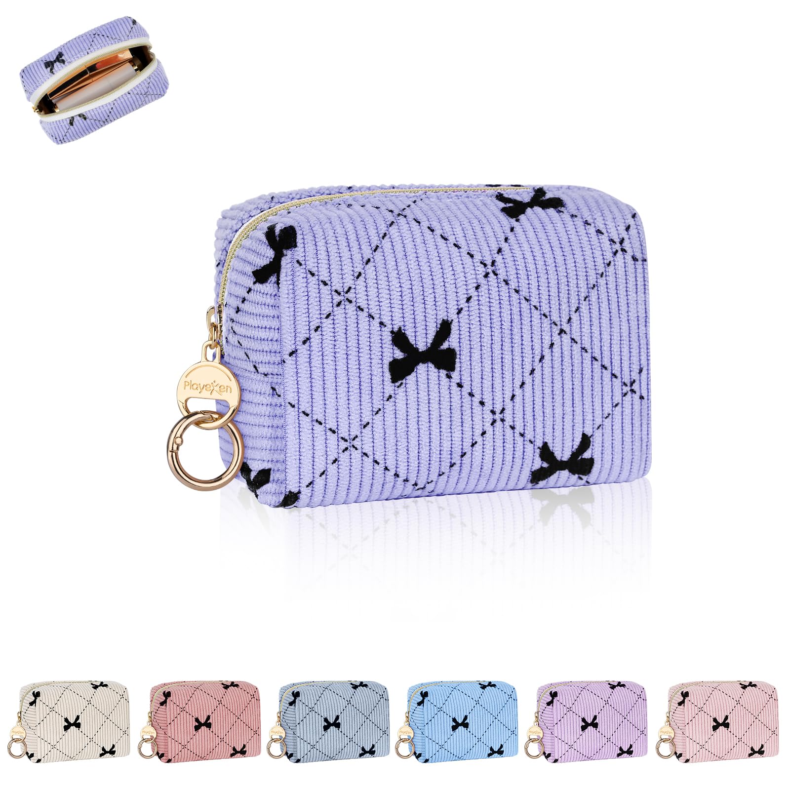 Mini Kosmetiktasche Kleine Schminktasche Damen Make up Tasche Kleine Reise Zubehör Cord Kulturtasche mit Reißverschluss Kulturbetuel Organizer Geschenk Beste Freundin 11*5,5*8,5cm(Fliege-Helllila)