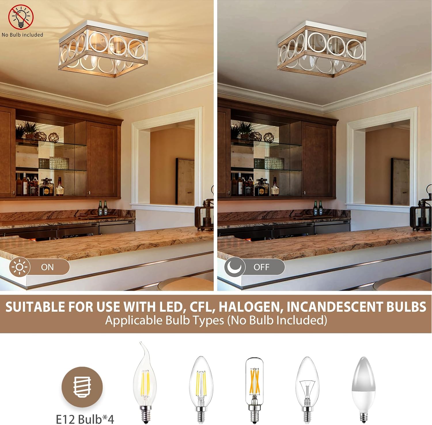 Modern Farmhouse Flush Mount Ceiling Light Fixtures, 4-Light Close to Ceiling Light Square Metal lamp for Hallway Kitchen Living Room Bedroom, 13" Nickel and Wood Grain