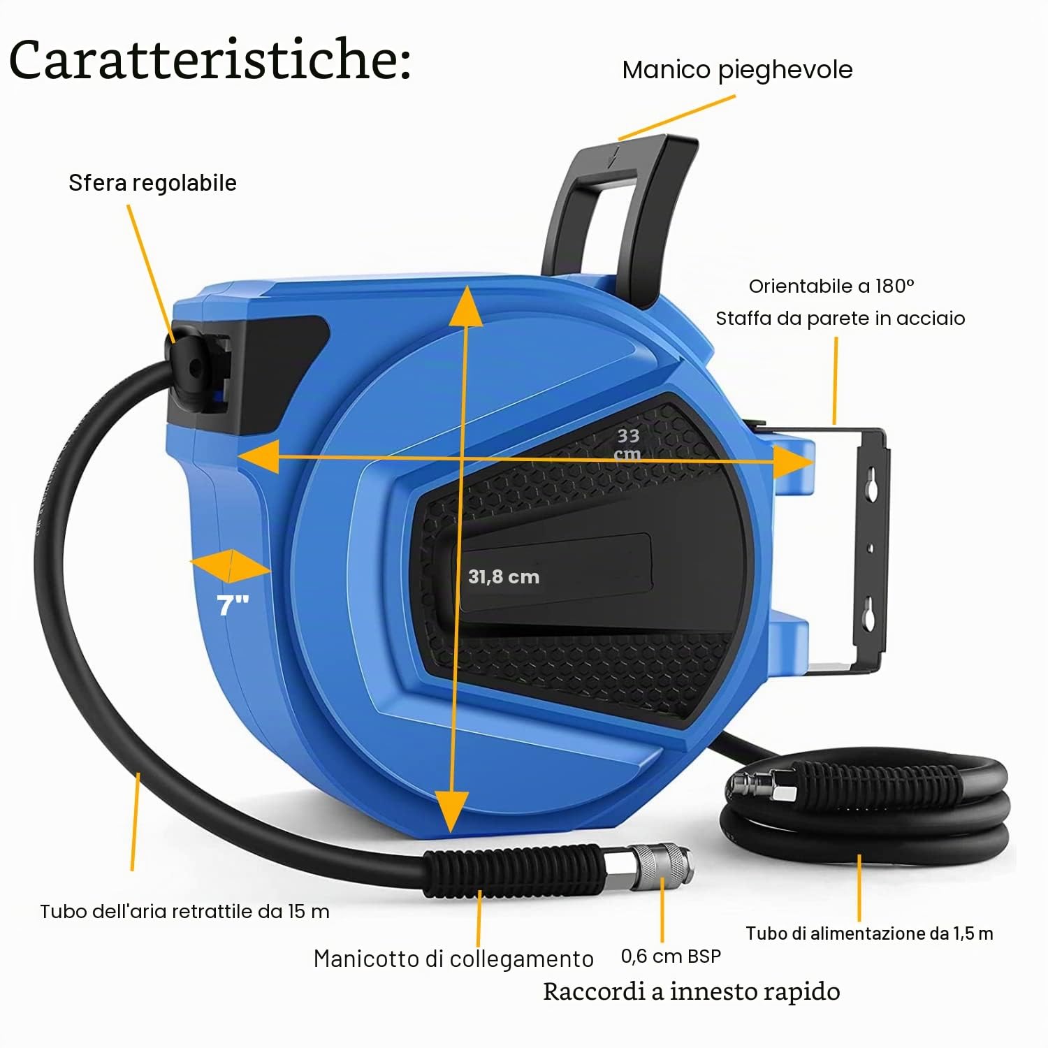 Avvolgitubo per aria compressa da 15 m, attacco da 1/4", avvolgitubo ibrido, scatola per tubo flessibile da parete, 180°, avvolgitubo ad aria compressa, max. 20 bar, retrattile automatico, blu