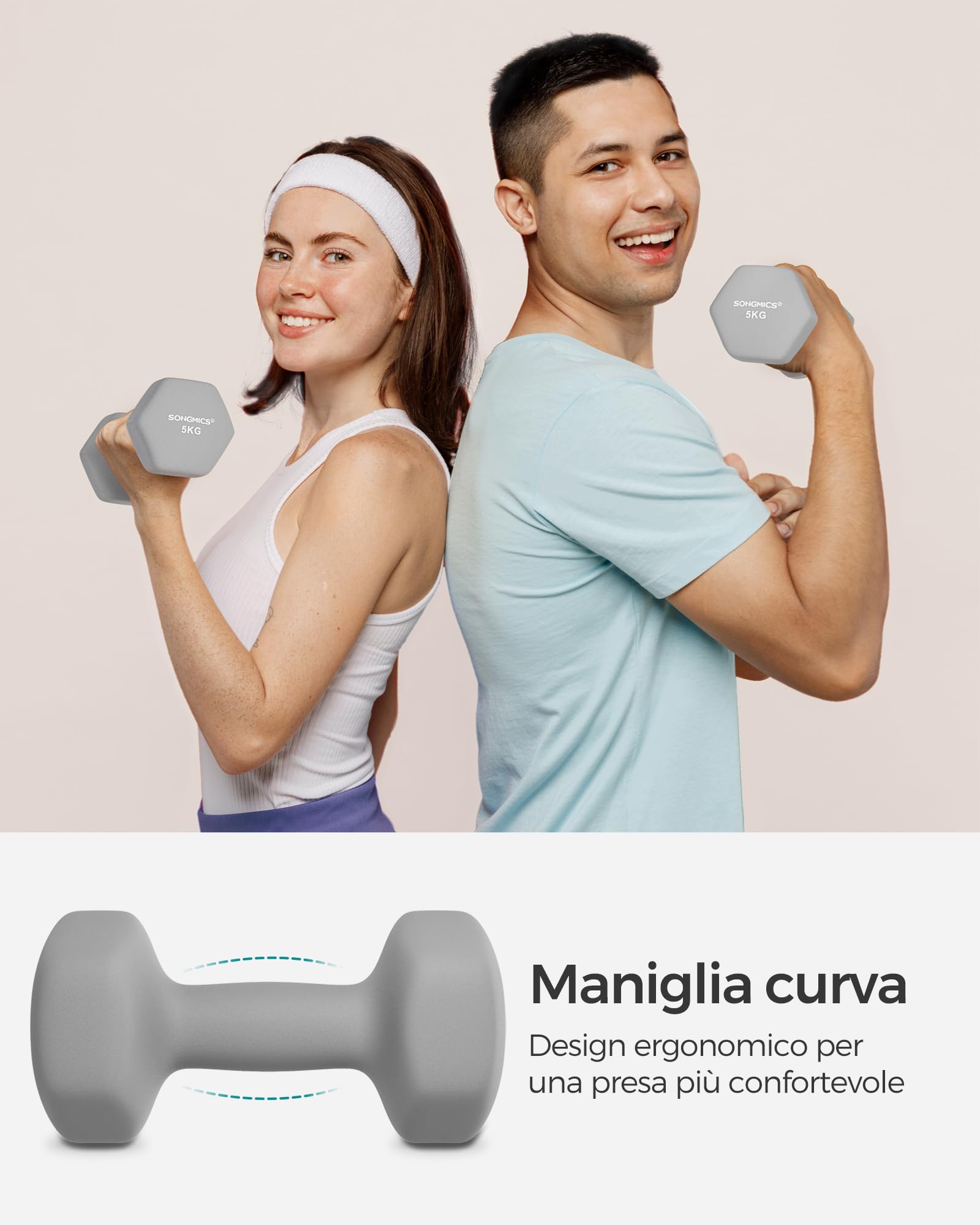 SONGMICS Set di 2 manubri, 2 x 5 kg, manubri corti, esagonali, rivestimento in neoprene, allenamento di forza, allenamento, fitness, casa, grigio tortora SYL910G01