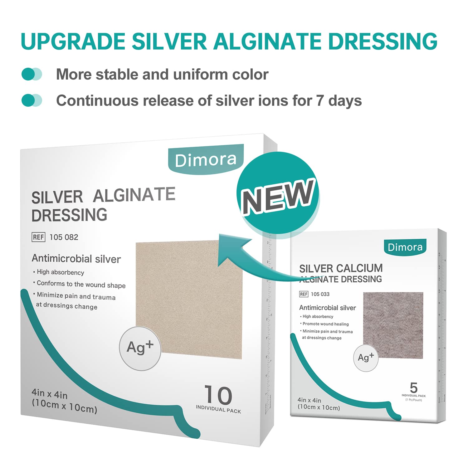 Dimora Upgrade 10 Packs Silver Antibacterial Alginate Wound Dressing Pads，Non-Stick Sterile Gauze，Highly Absorbent & Comfortable，4'' x 4'' Patches