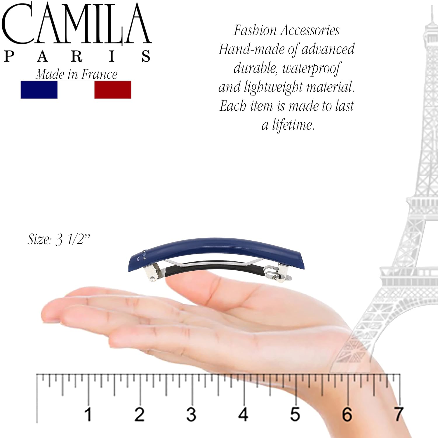 Camila Paris CP3456 French Hair Barrette Clip for Girls Dark Blue, Rubberized Metal Clasp Strong Hold Grip Hair Clips for Women, No Slip Durable and Styling Girls Hair Accessories, Made in France - Image 3